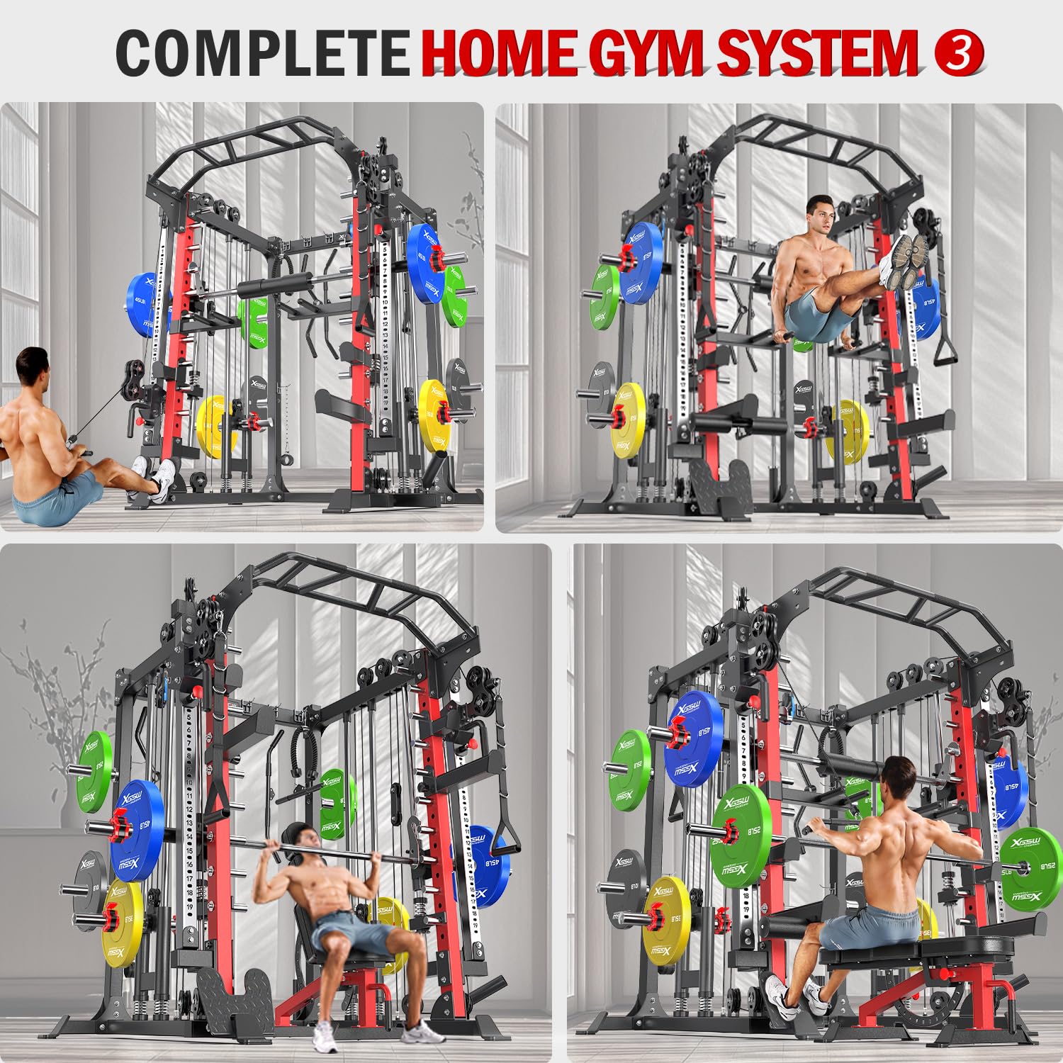 Smith Machine with Cable Crossover System, Multi-Function Squat Rack Power Cage for Home Gym, Power Rack and Packages Weight Sets