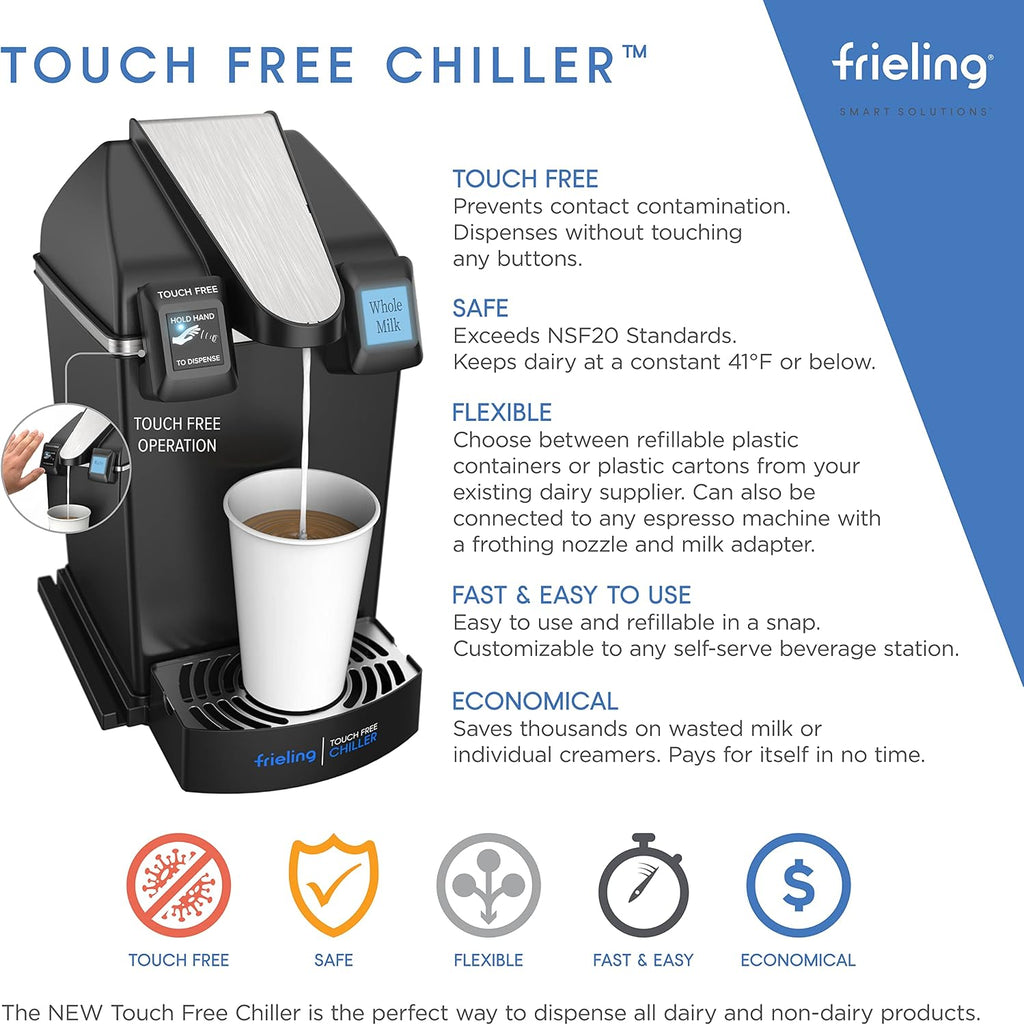 Frieling Touch-Free Beverage Chiller & Dispenser for Oat Milk & Almond Milk - 7 x 11 x 14 Inches, 1/2 Gallon Capacity - Lactose Free & Non Dairy Creamer Options