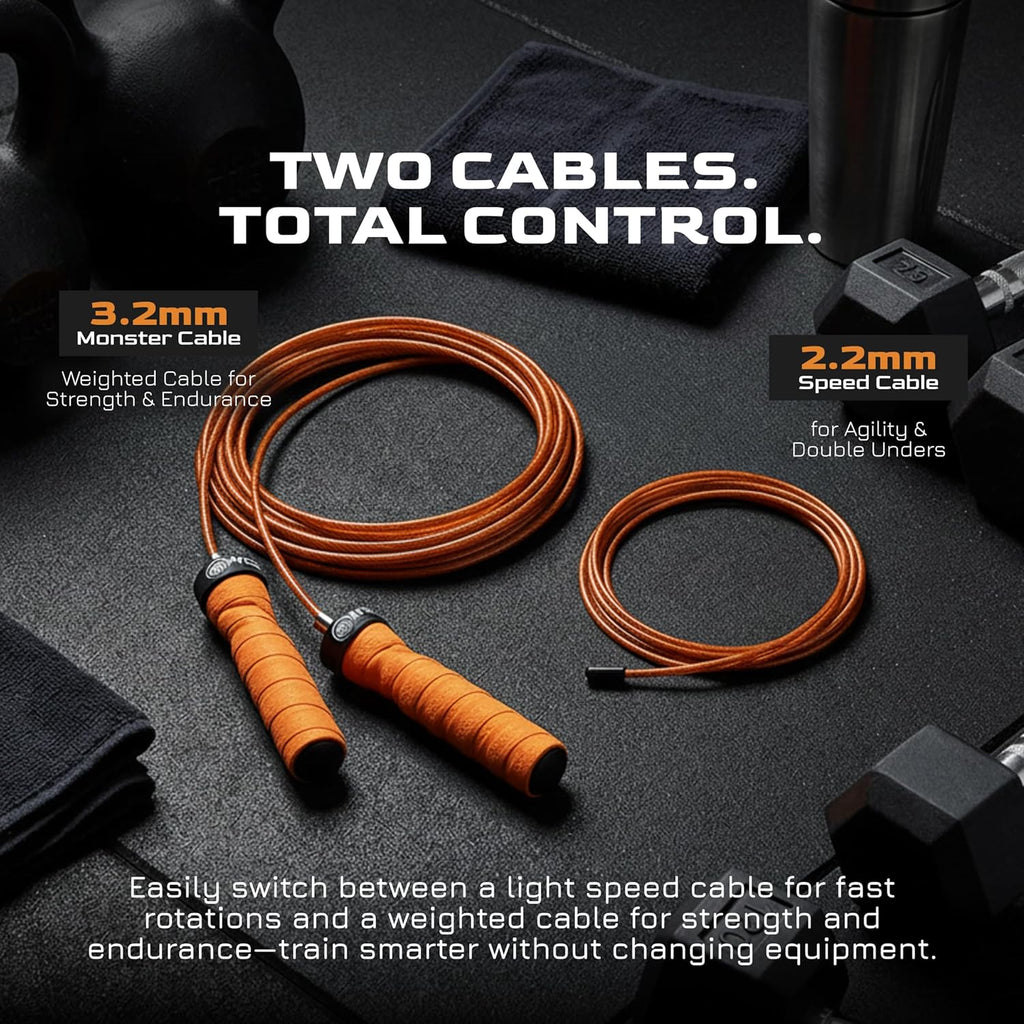Attack Speed Jump Rope Adjustable Dual-Cable Skipping Rope for Men, Speed & Weighted Options, Fast Fold-Over Adjustment Durable Adult Boxing Rope for Fitness, Cardio Home Gym & Cross Training - Orange
