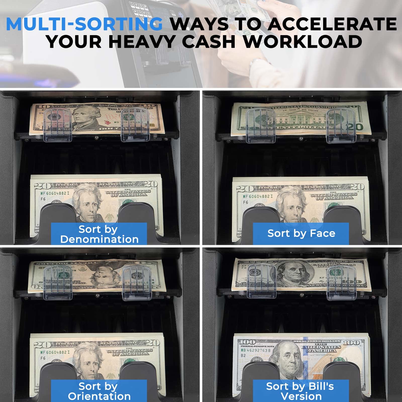 MUNBYN IMC08 Dual Money Counter Machine Mixed Denomination with Reject Pocket, Value Counting, Counterfeit Detection 2 CIS/UV/MG/IR, Sort&Print Enabled Cash Counter, Mixed Bill Counter (Black)