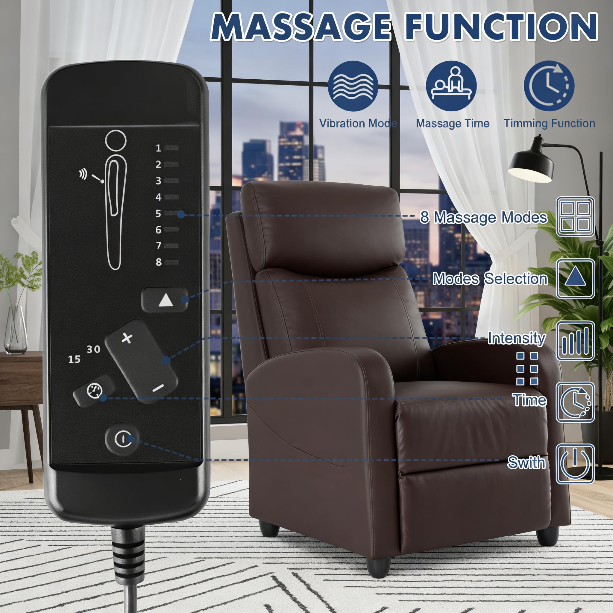 Simple Deluxe Massage Recliner Chair - Adjustable PU Leather Recliner, Luxe Reading Chair & Sofa Chair for Living Room Chairs or Bedroom Chair, Small Recliner for Home Theater, Black