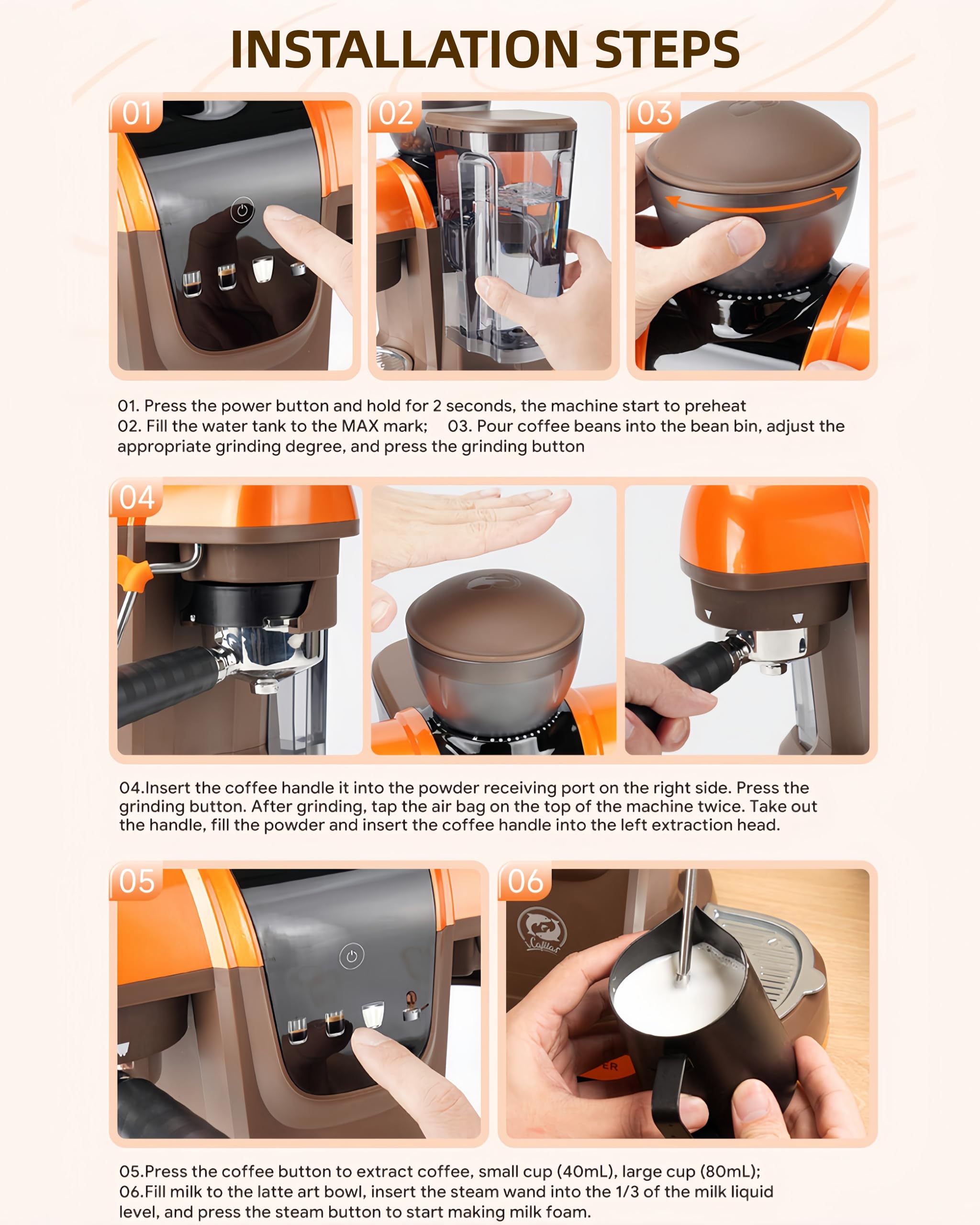 20 Bar Espresso Machine with Grinder & Steam Wand - Semi Automatic Coffee Maker, NTC Intelligent Temp Control, 58mm Stainless Steel Portafilter, One-Touch Panel for Home Barista (BLACK)
