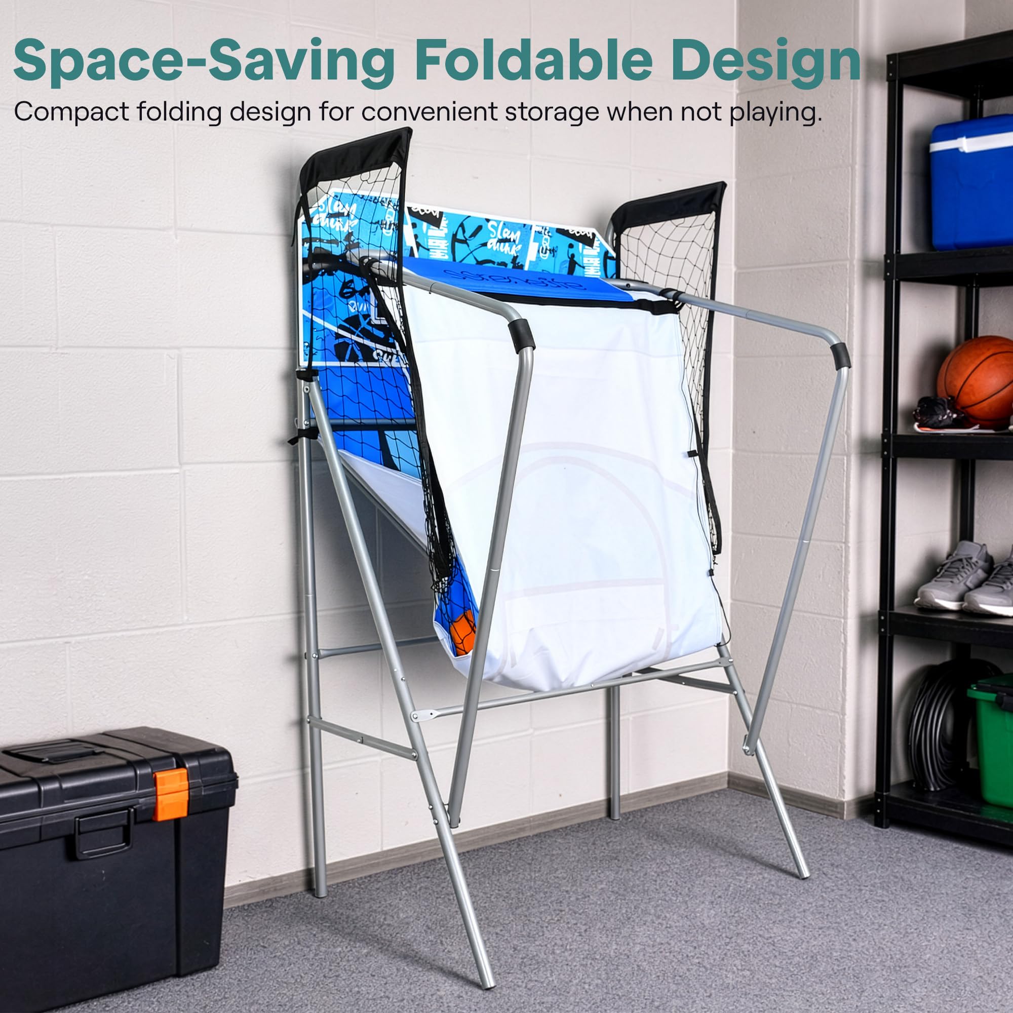 SereneLife Dual Shot Basketball Arcade Game with Electronic Scorer, 8 Game Modes, Indoor Outdoor 2 Player Basketball Shooting Game, Foldable Arcade Set with 5 Balls and Pump