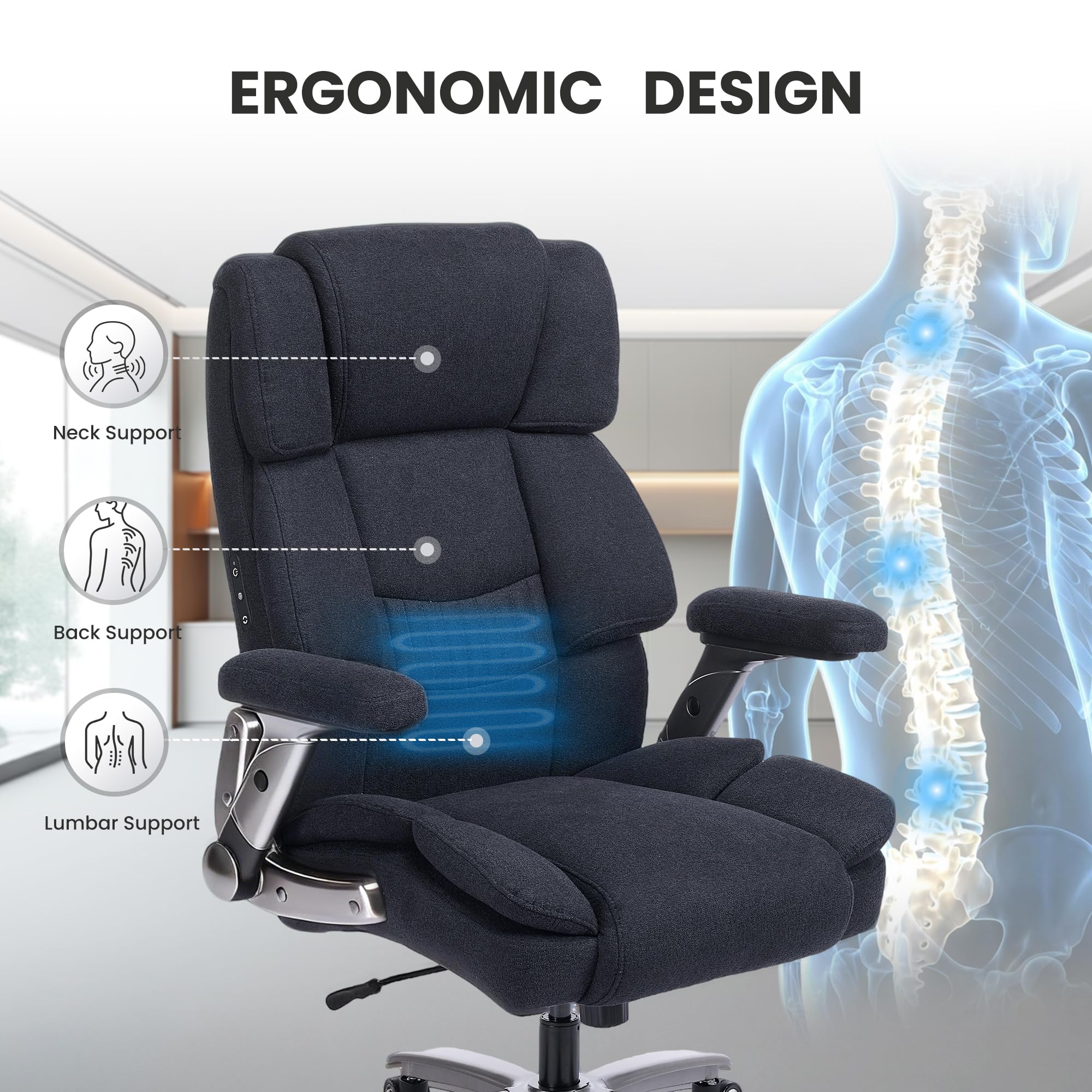 750lbs Heavy Duty Desk Chair with 3D Kneading Massage, Big and Tall Office Chairs with Ergonomic Support, 3D Armrests, 5 Quiet Dual Rubber Wheel, Thick Pocket Spring Cushion(Black, PU)