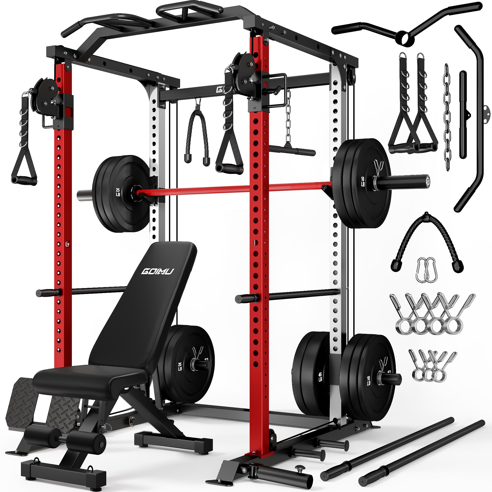 DP01 Power Cage, 2000LBS Squat Rack with with Cable Crossover and Dual Independent Pulley System, Full Cage for Full Body Training, Power Rack with More Training Attachments for Home Gym