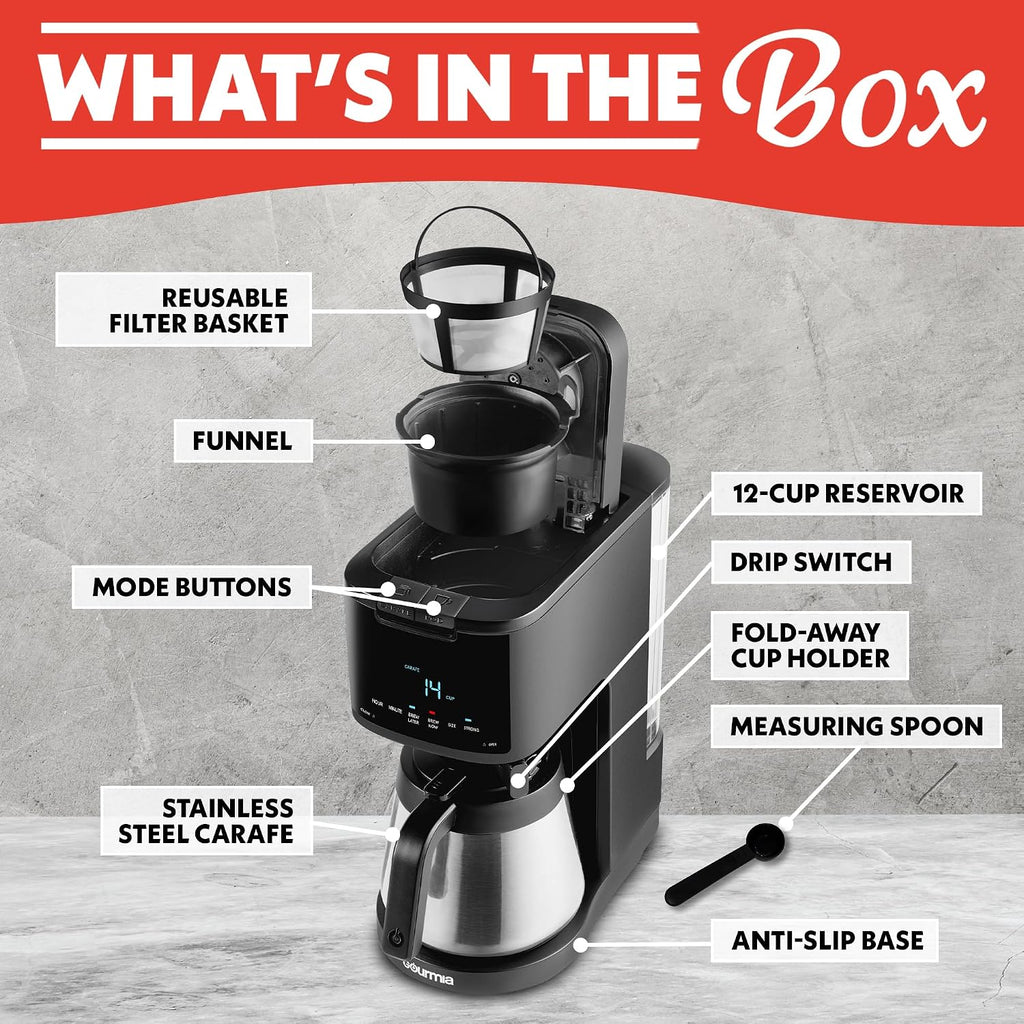 Gourmia 2-in-1 Single Serve and 12 Cup Coffee Maker - Drip Brew, K-Cup Compatible, Programmable, Pause and Serve, Removable Filter, Thermal Carafe, Black