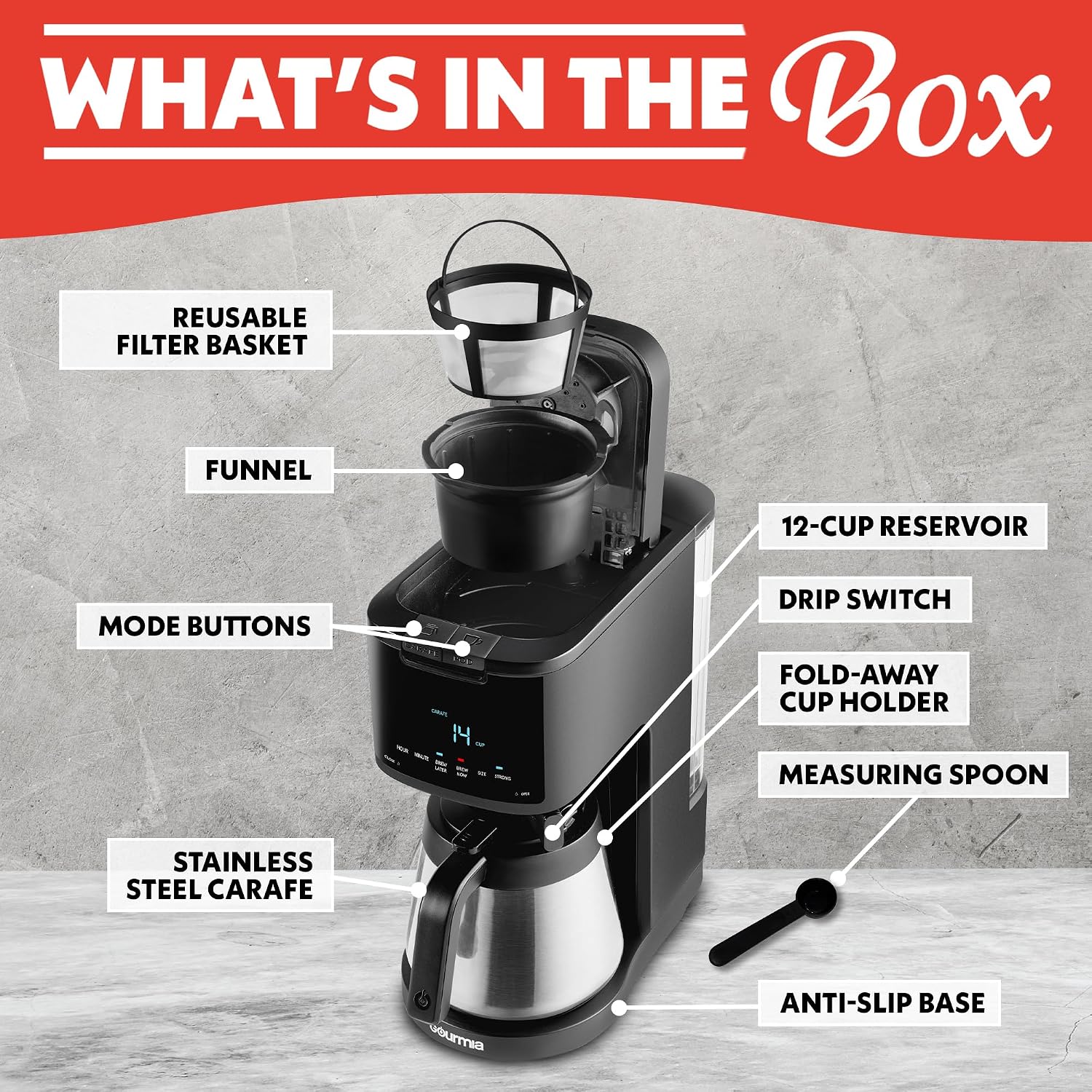 Gourmia 2-in-1 Single Serve and 12 Cup Coffee Maker - Drip Brew, K-Cup Compatible, Programmable, Pause and Serve, Removable Filter, Thermal Carafe, Black