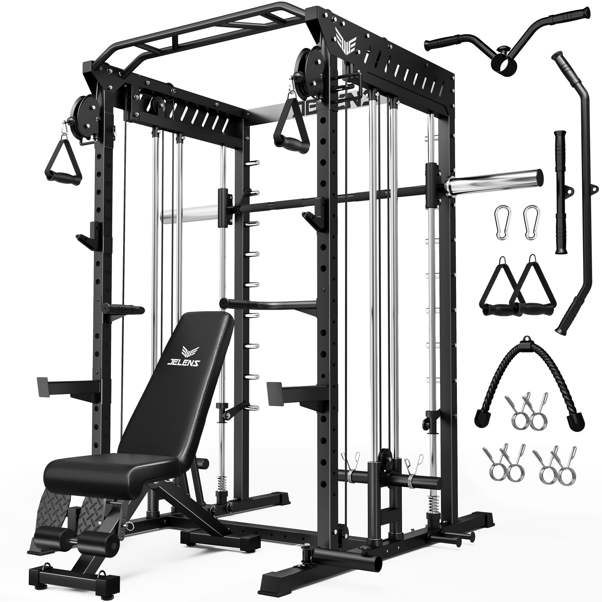JELENS M21 Smith Machine, Multi-Function Power Cage with Dual Pulley Cable Crossover System, 2000LBS All-in-One Squat Rack with Smith Bar and Attachments for Home Gym