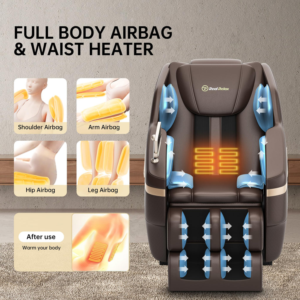 Real Relax 2025 Full Body Massage Chair, Zero Gravity Shiatsu Massage Chair Recliner, Foot Massage, Bluetooth, Large Control Screen (Brown and Gold)