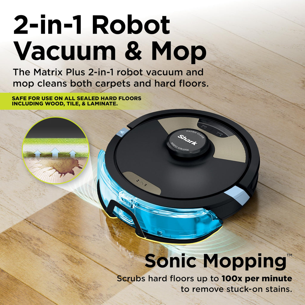 Shark Matrix Plus | 2-in-1 Robot Vacuum & Mop for Carpets & Hard Floors | Sonic Mopping & Powerful Suction for Pet Hair | Self-Empty Base | 60-Day Capacity | HEPA | LiDAR Nav | Black/Gold | AV2610WA