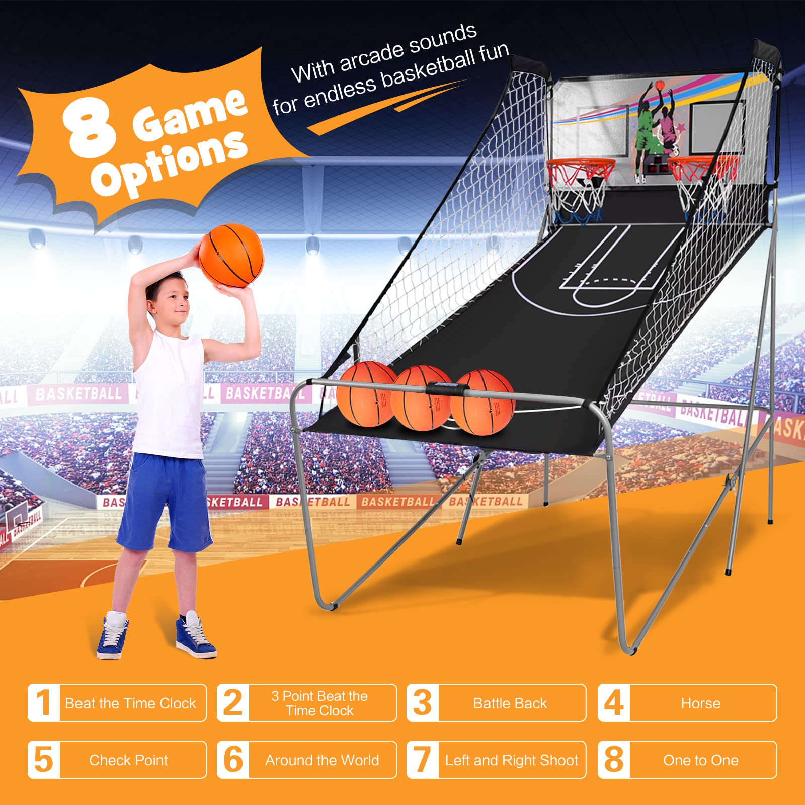 Goplus Foldable Dual Shot Basketball Arcade Game, Electronic Basketball Hoop w/LCD Scoreboard, 8 Game Modes, 4 Balls, Indoor Outdoor Basketball Game Machine for Adults (Green)