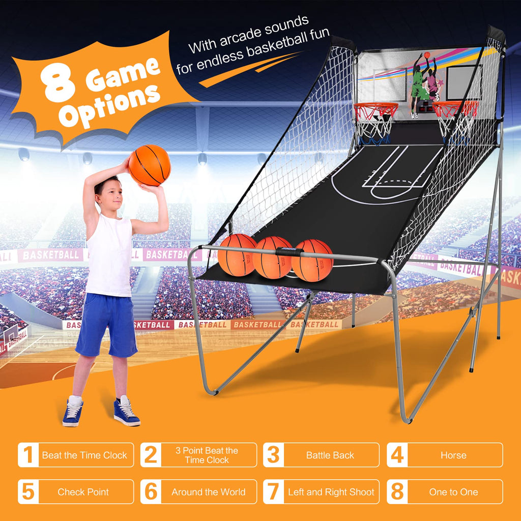 Goplus Foldable Dual Shot Basketball Arcade Game, Electronic Basketball Hoop w/LCD Scoreboard, 8 Game Modes, 4 Balls, Indoor Outdoor Basketball Game Machine for Adults (Green)