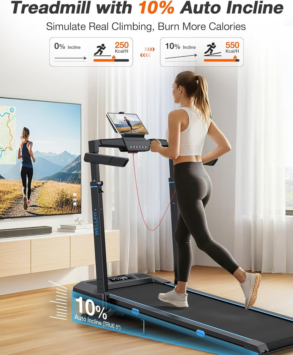 WELLFIT Treadmill with Auto Incline, 4 in 1 Foldable Treadmills for Home with Adjustable Height, 3.5HP Quiet Under Desk Treadmill, 400 LBS Capacity Portable Walking Pad with App, Space-Saving Design