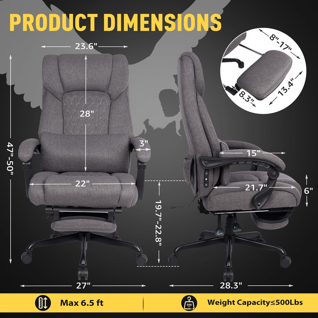 3D Kneading Massage Office Chair with Heat, 500 lbs Big and Tall Executive Computer Desk Recliner, Leather Electric Heated Chair with Footrest, Black