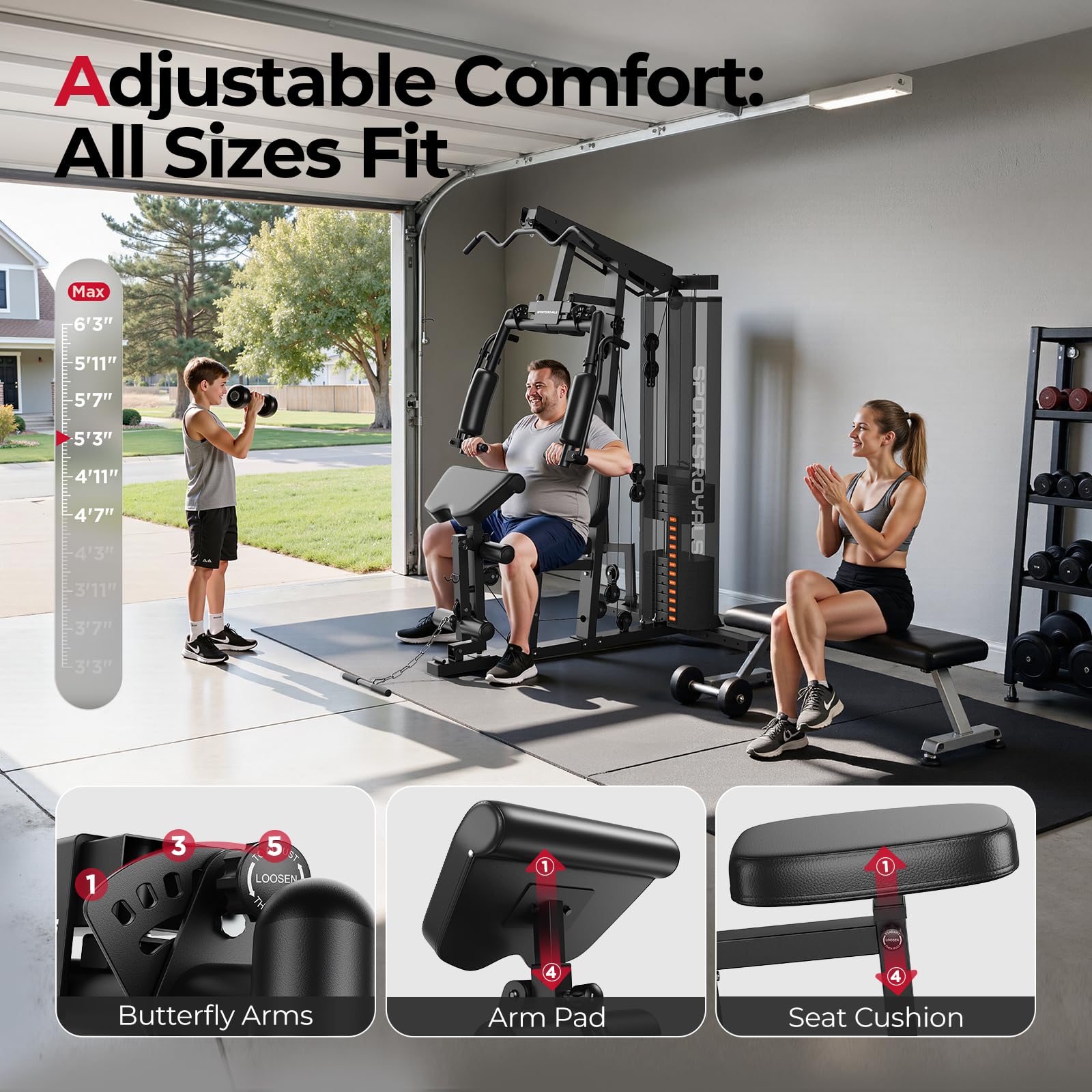 Sportsroyals Home Gym, Multifunctional Gym Equipment, Workout Equipment with 150LBS Weight Stack, for Leg Press, LAT Pull Down, Chest Presses