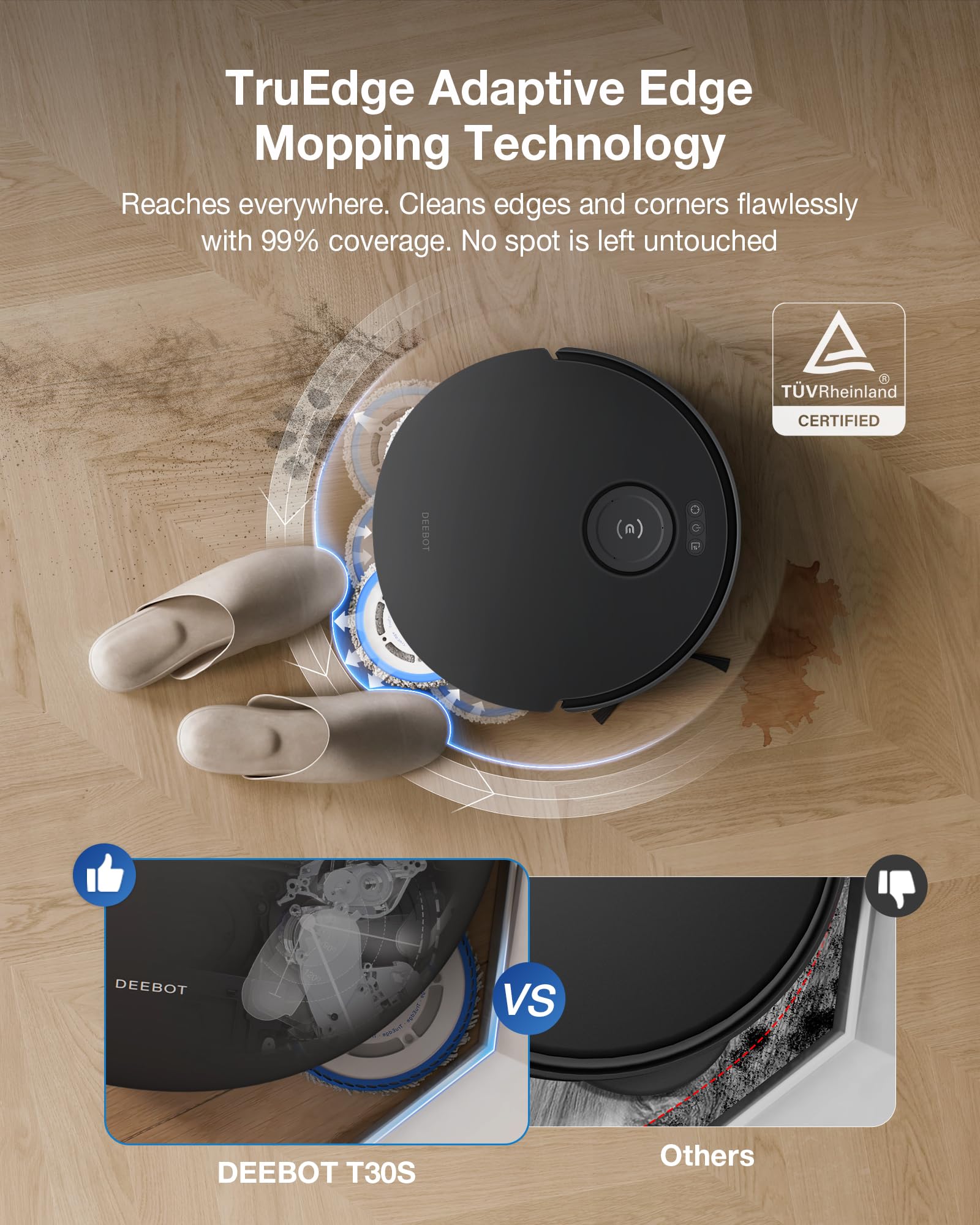 ECOVACS DEEBOT T90 Omni Robot Vacuum and Mop, 30,000Pa Suction, Instant Self-Cleaning OZMO Roller Mop, TruEdge Deep Edge Cleaning, ZeroTangle, Hot Water Wash & 145°F Air Dry, AI Obstacle Avoidance