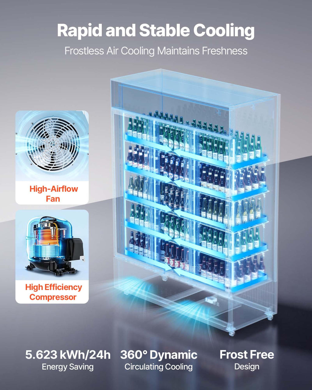 VEVOR Commercial Merchandiser Refrigerator, 6.9 Cu.Ft / 195L Glass Door Display Refrigerator, Upright Beverage Cooler Fridge with 4 Adjustable Shelves, Soft LED Light & Casters for Homes Shops Bars