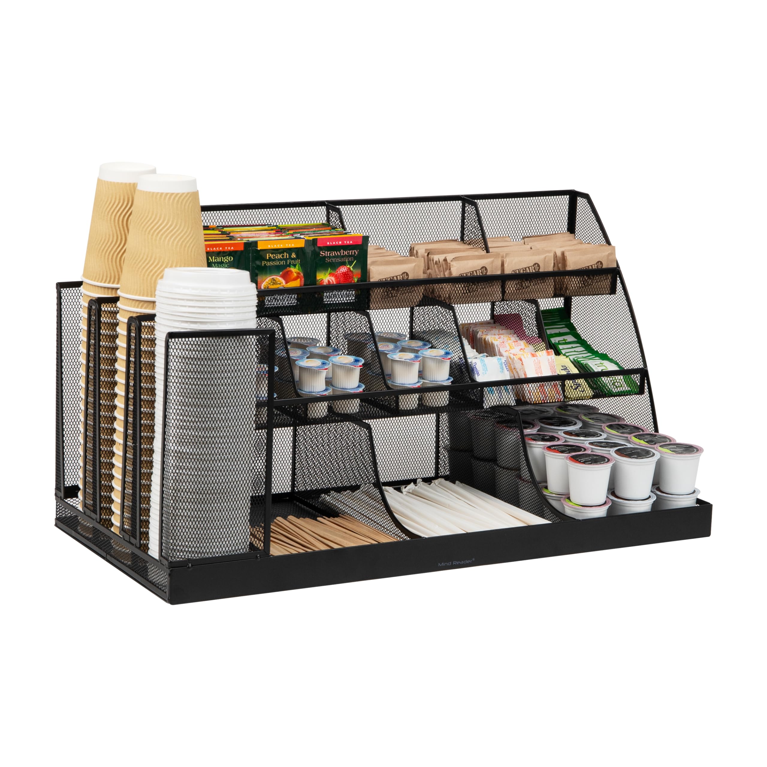 Mind Reader Cup and Condiment Station, Countertop Organizer, Coffee Bar, Kitchen, Stirrers, Black