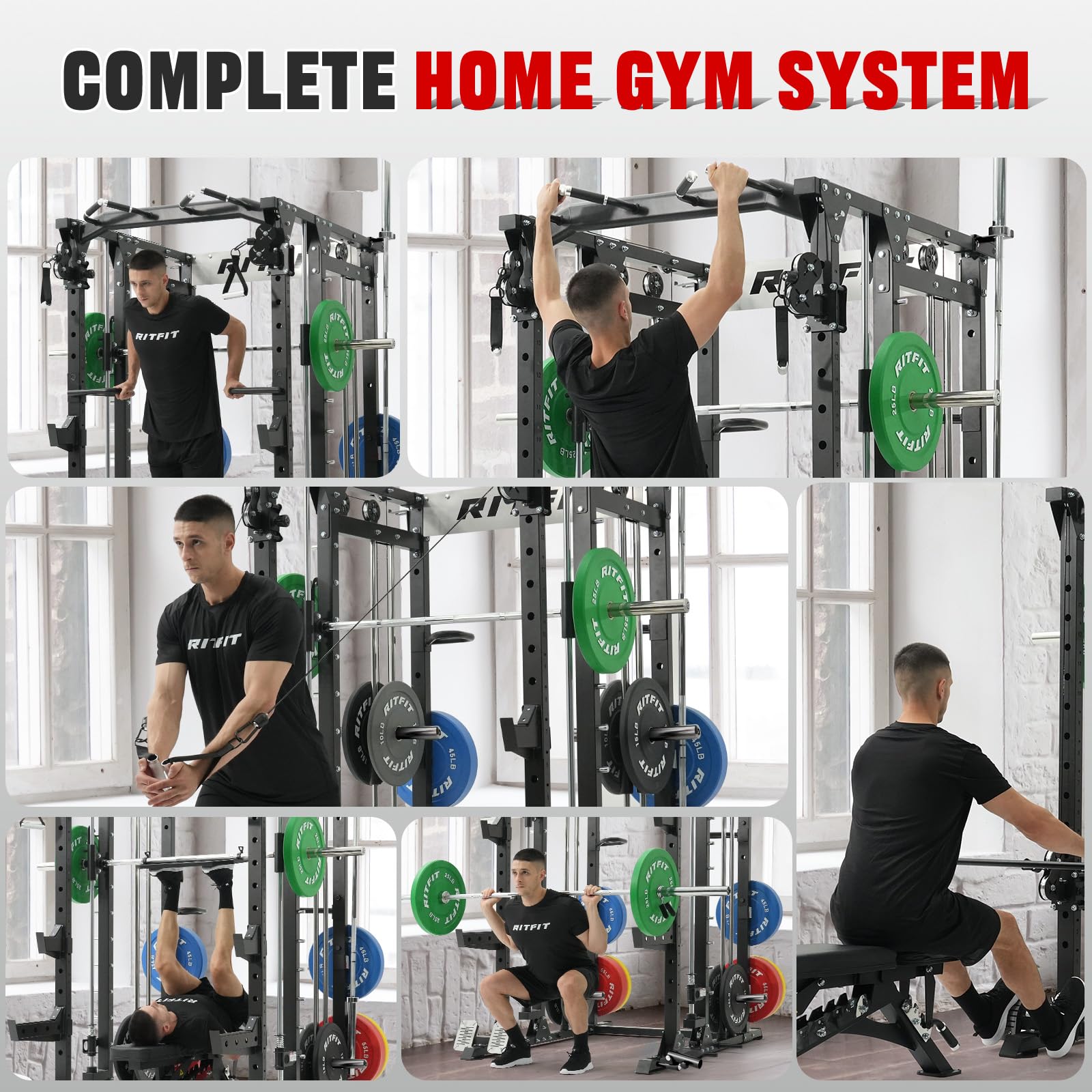 RitFit Buffalo Smith Machine, Power cage with LAT-Pull Down System & Cable Crossover System, All-in-One Squat Rack for Home Gym, Power Rack