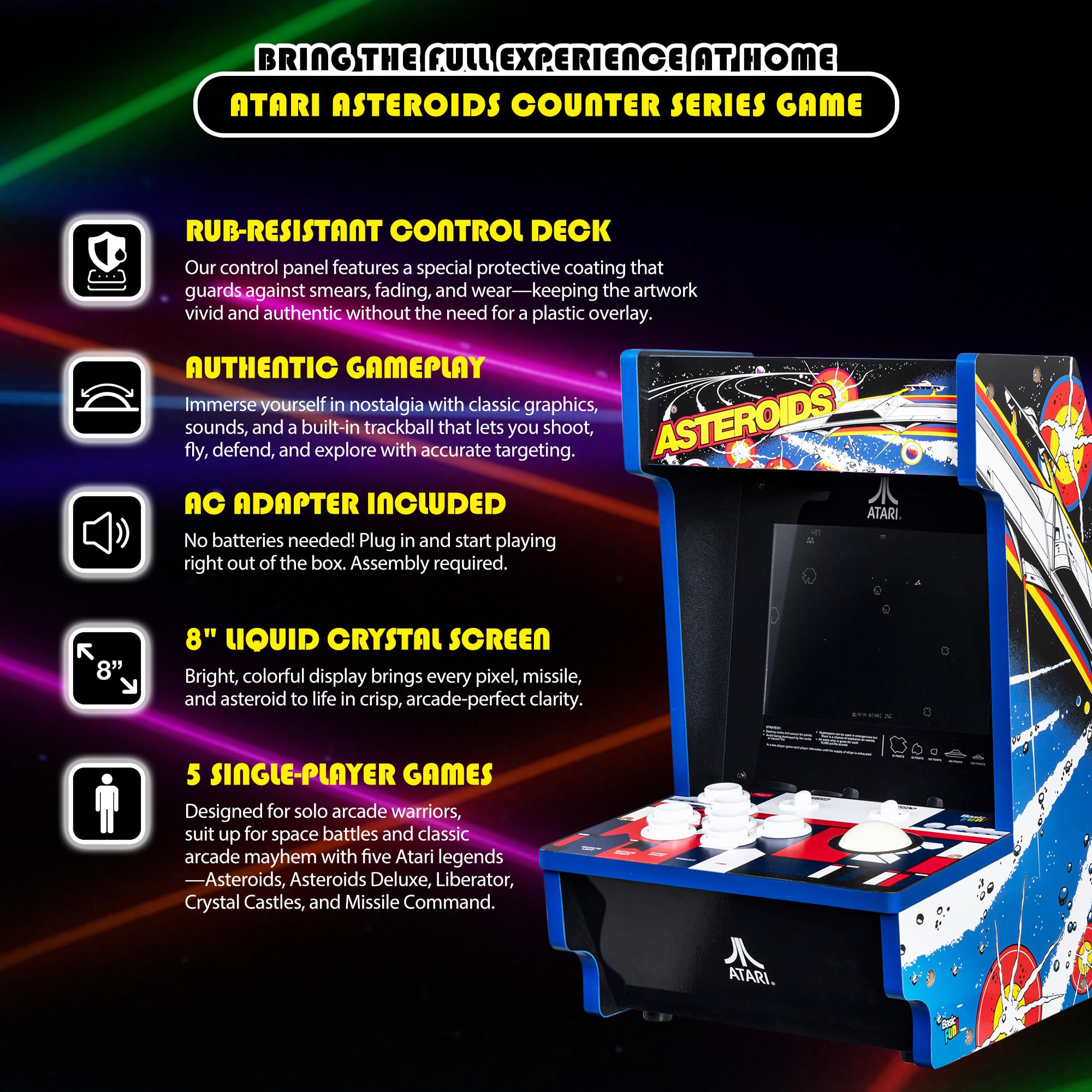 Arcade Classics - Atari Asteroids Counter Series Game Machine, 5 Games, 8" Liquid Crystal Screen - Mini Cabinet, Portable Gaming, Retro, Countertop Console, Basement Decoration, Man Cave