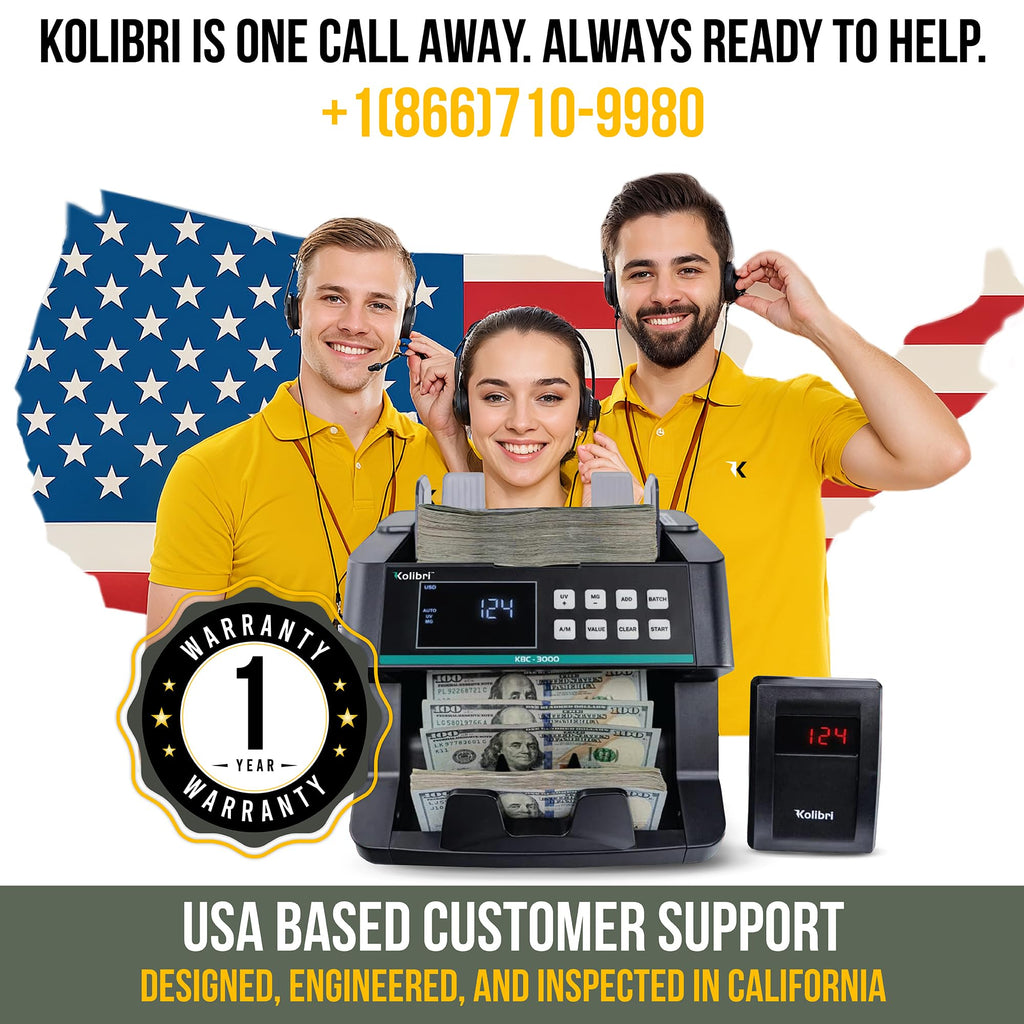 KOLIBRI Money Counter Machine I LCD Display I Business Grade I Dollar, Euro I Advanced UV/MG/IR/DD/HLF Detection I Single Denomination Value Count I 1,500 Notes/Min I 1-Year Warranty I KOLIBRI UV/MG