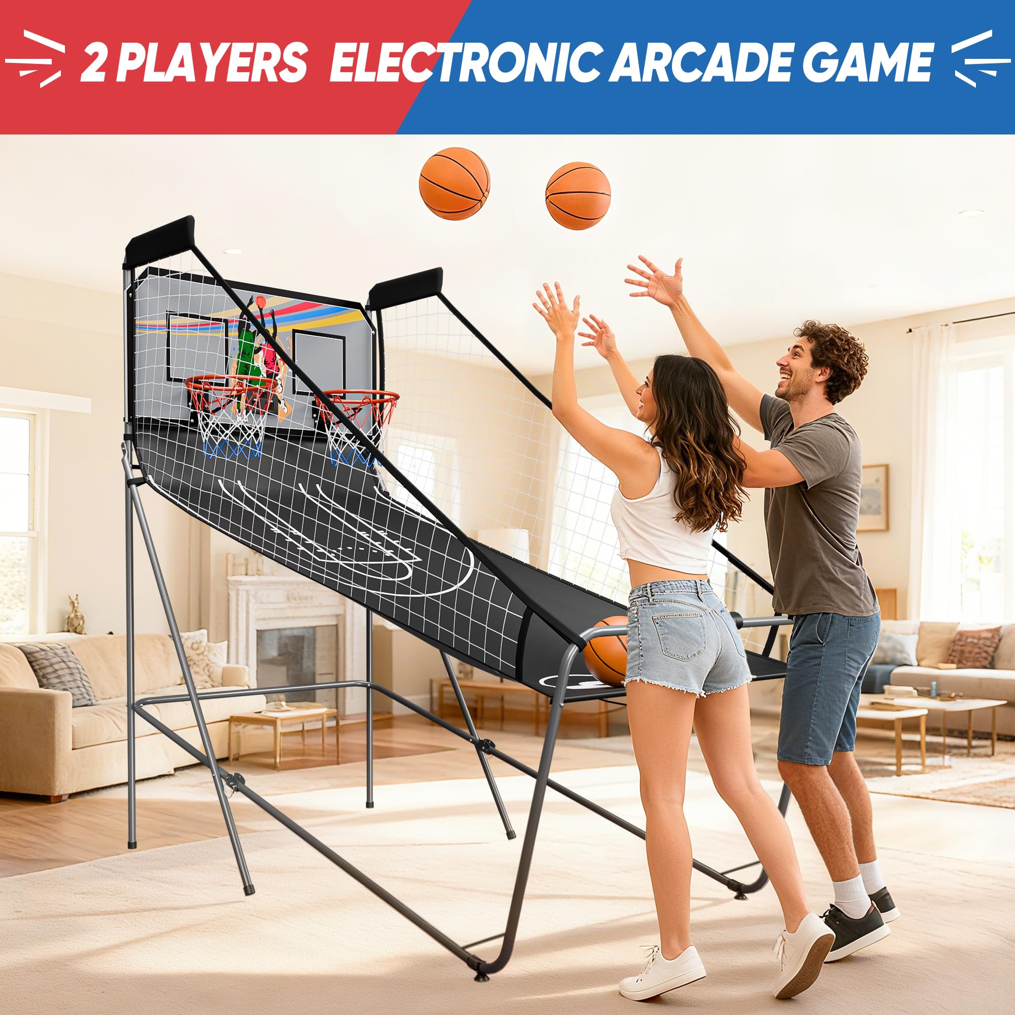 Basketball Arcade Game Shot Creator Indoor Foldable Electronic Double Shootout Sport Game Official Home Dual Shot Basketball 2 Player with 4 Balls (Black Purple)