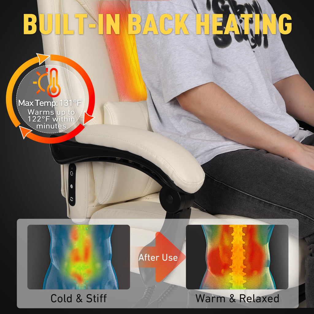 3D Kneading Massage Office Chair with Heat, 500 lbs Big and Tall Executive Computer Desk Recliner, Leather Electric Heated Chair with Footrest, Black