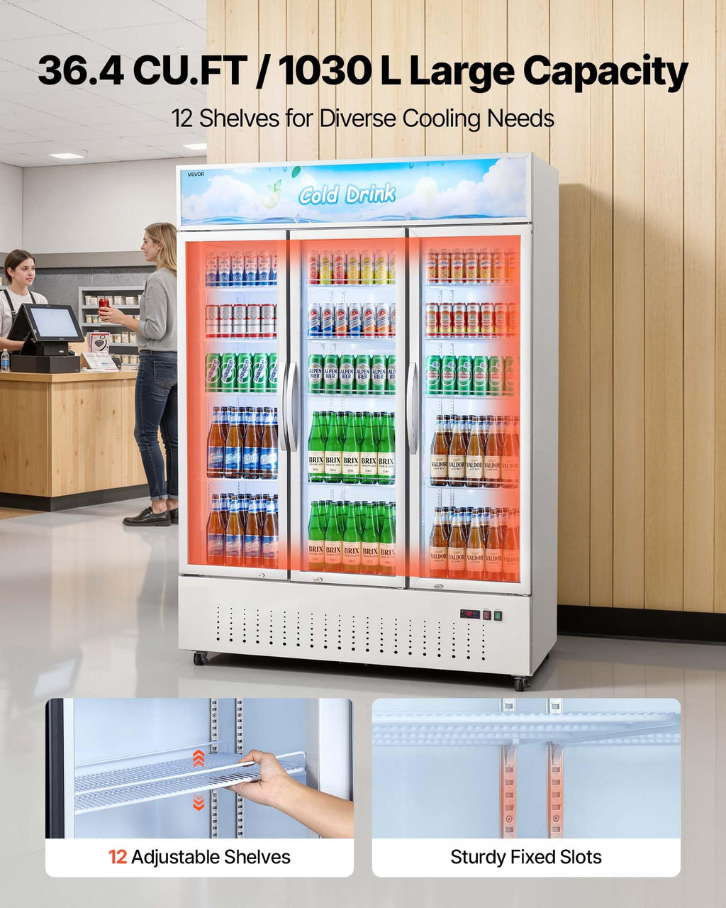 VEVOR Commercial Merchandiser Refrigerator, 6.9 Cu.Ft / 195L Glass Door Display Refrigerator, Upright Beverage Cooler Fridge with 4 Adjustable Shelves, Soft LED Light & Casters for Homes Shops Bars