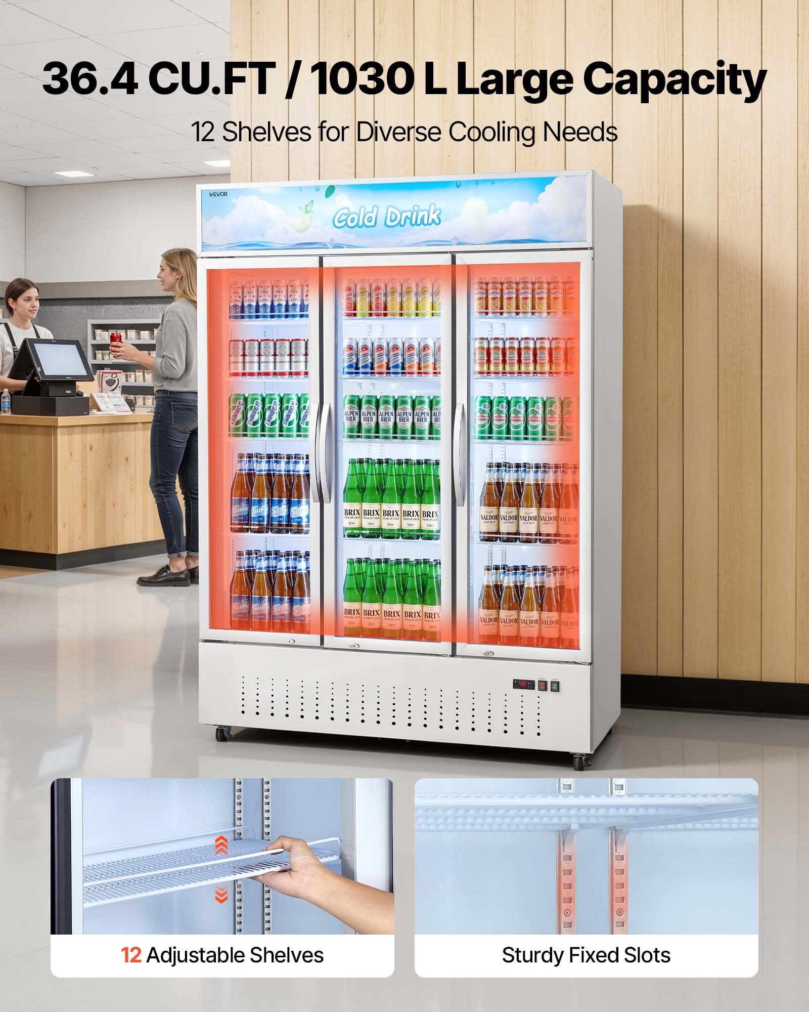 VEVOR Commercial Merchandiser Refrigerator, 6.9 Cu.Ft / 195L Glass Door Display Refrigerator, Upright Beverage Cooler Fridge with 4 Adjustable Shelves, Soft LED Light & Casters for Homes Shops Bars
