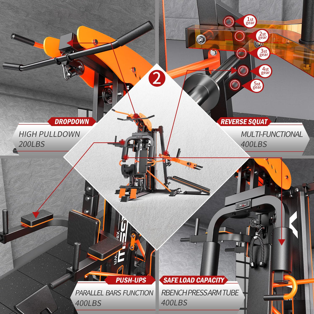 XGSW Multi-Function Home Gym Workout Station, Featuring a Pulley System, arm Trainer, and Leg Trainer for Full-Body Workouts.