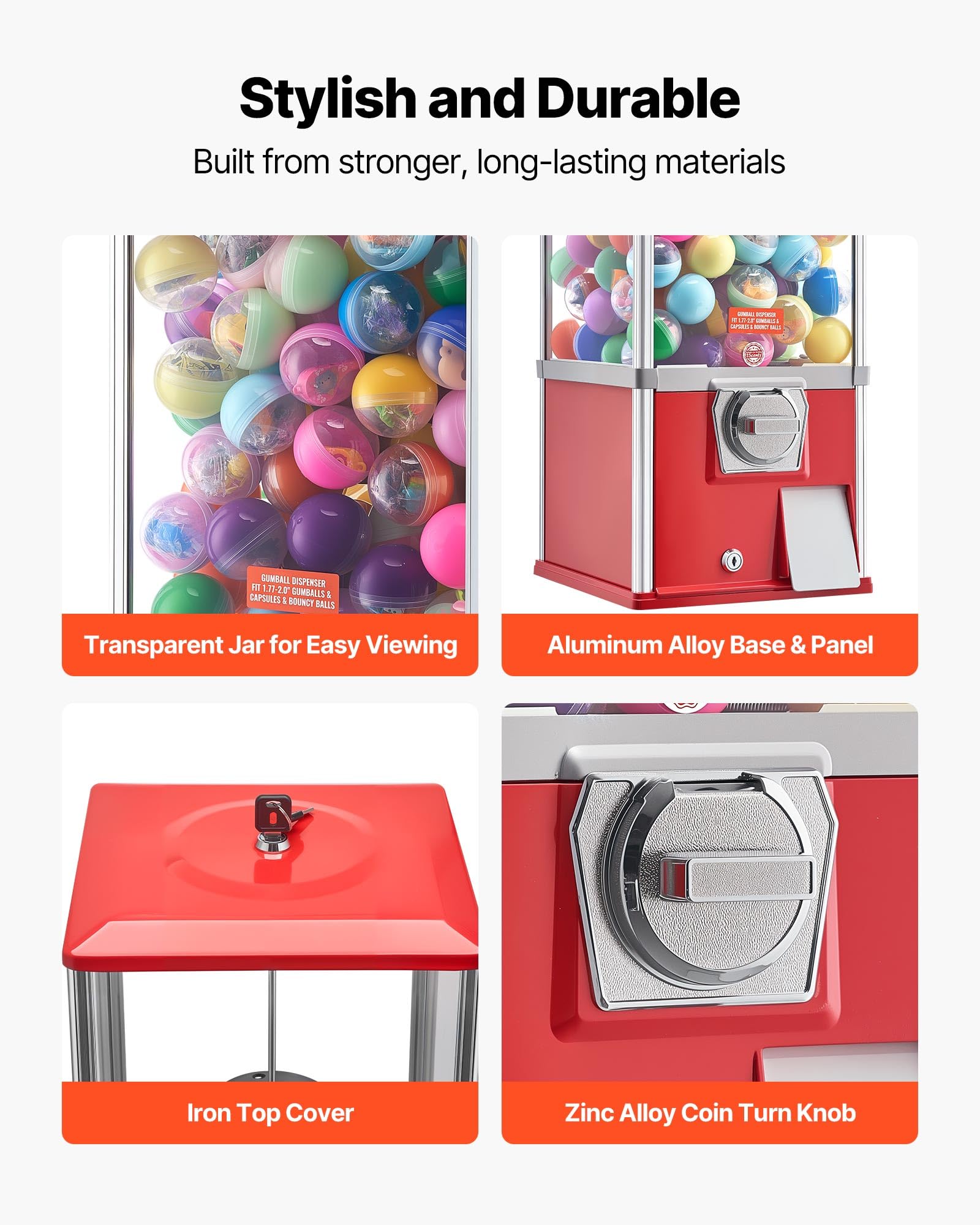 VEVOR Gumball Machine for Kids, 25" Height Home Vending Machine, PS Bouncy Balls Dispenser, Hold 230 Capsule Toys, Rectangle Bubble Gum Machine for Game Stores, Coin Operated Gumball Bank, Red