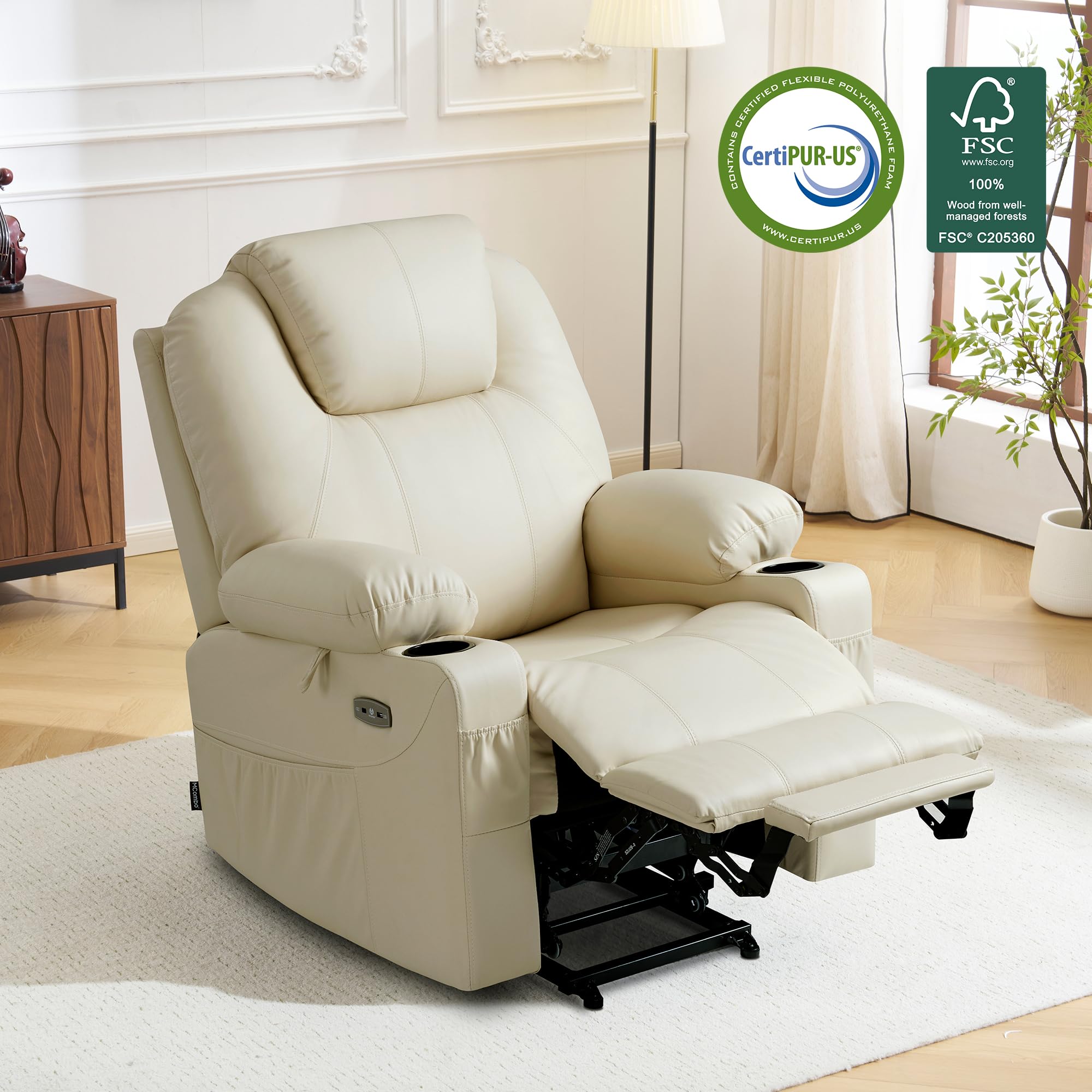 MCombo Electric Power Lift Recliner Chair Sofa with Massage and Heat for Elderly, 3 Positions, 2 Side Pockets, and Cup Holders, USB Ports, Faux Leather 7040 (Grey, Medium)