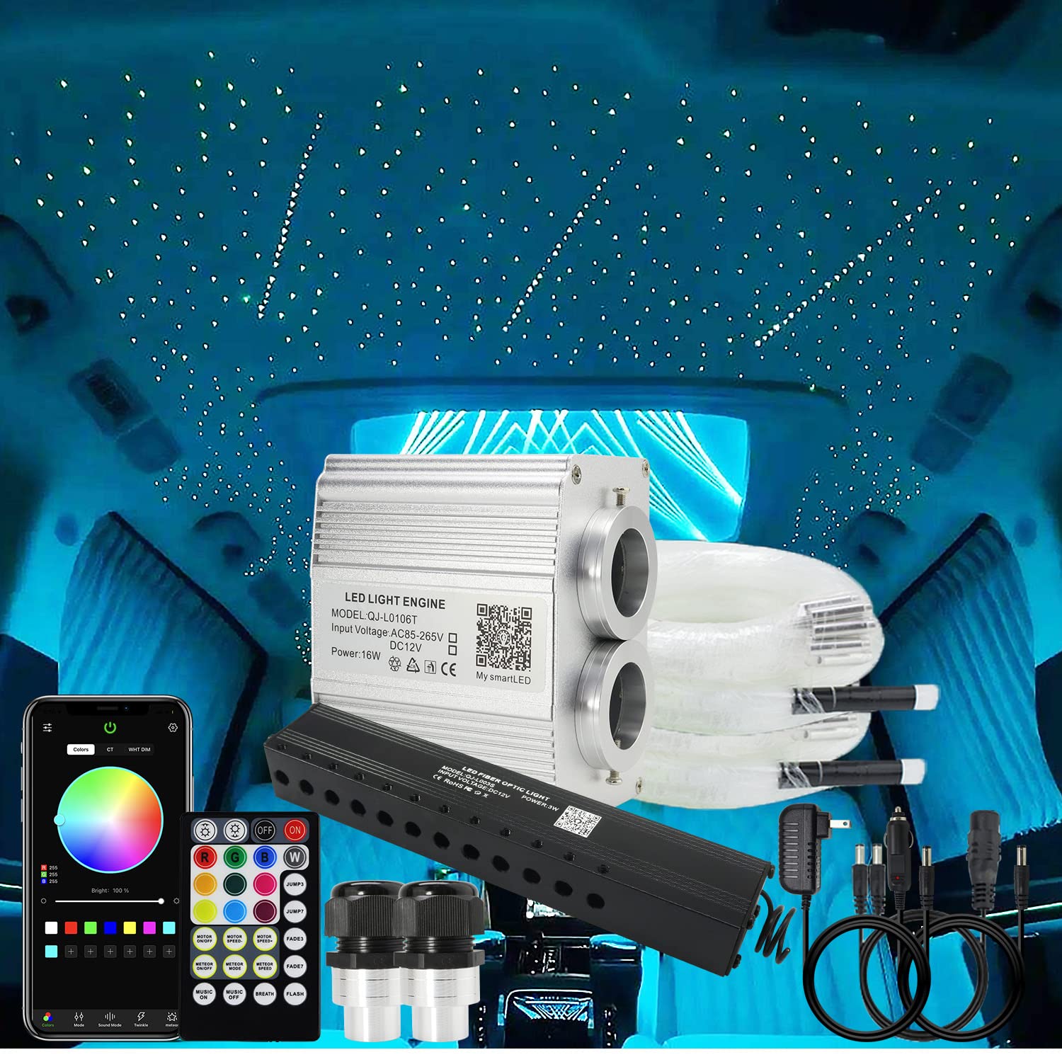 AKEPO Shooting Star+Twinkle Fiber Optic Lights Kit, Car Home Use Meteor APP Control Music Activated Star Ceiling Sky Light, RGBW Light Engine+Mixed Diameter Fibers 460pcs of 9.8ft/3m+Remote
