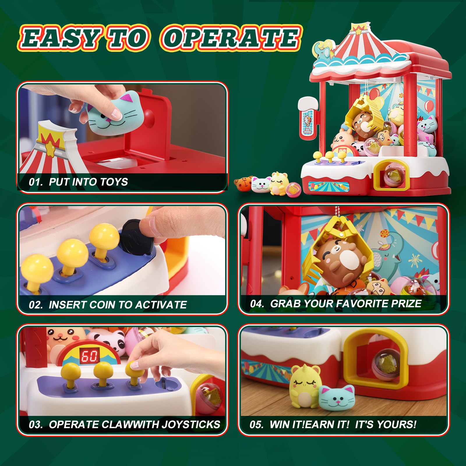 Skirfy Large Claws Machines 12'' for Kids Adults,Girls Unicorns Toys,Candy Grabber Prize Dispenser 15 Stuffeds Toys,Electronic Arcades Game Christmas Thanksgiving Birthday Gifts for Age 6-12