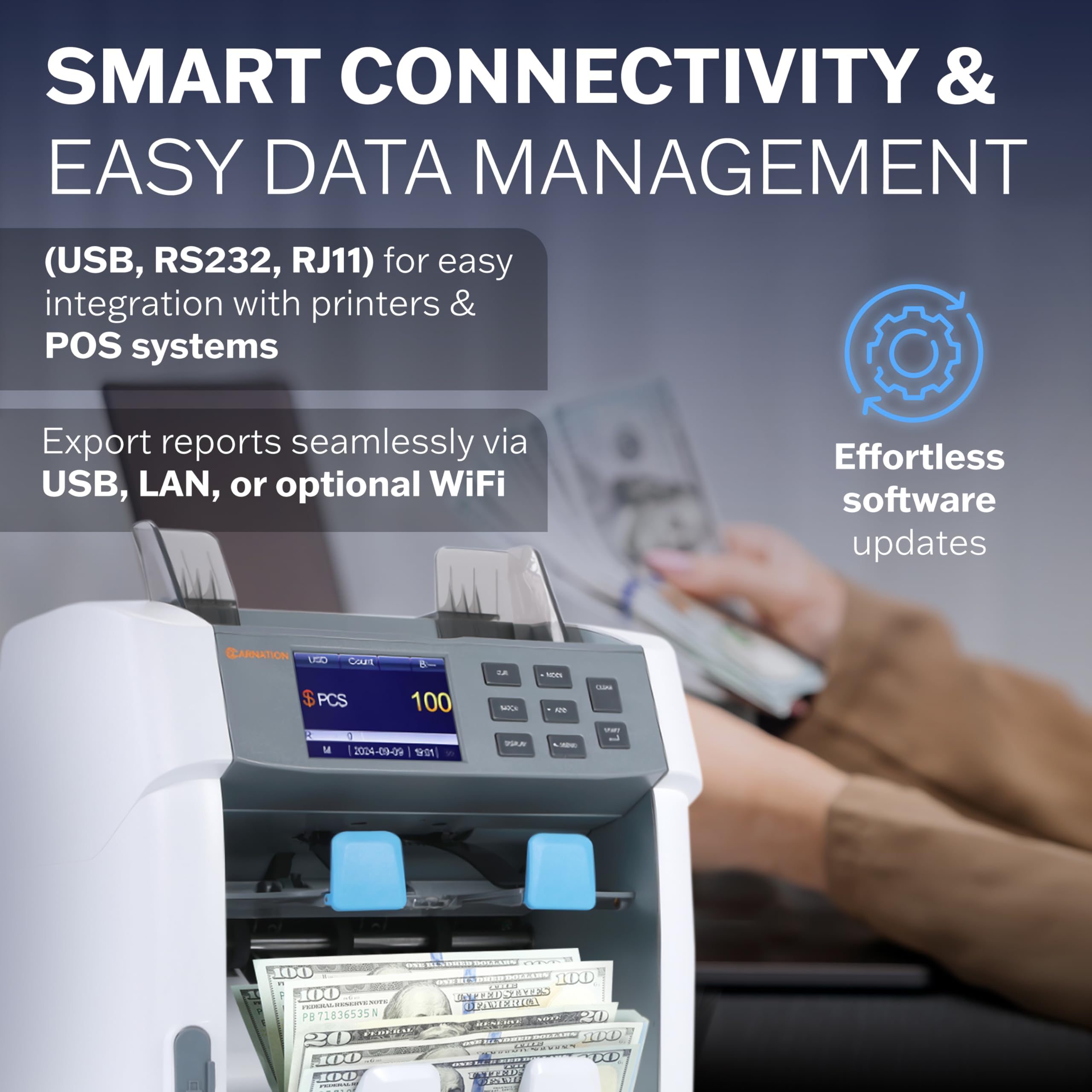 Carnation Money Counter Machine Cash Counting & Mixed Denomination Bill Counter, Portable Currency Detector, Counterfeit Bank Scanner, Dollar Sorter for Commercial, 1100 N/M, UV/MG/MT/IR/2CIS