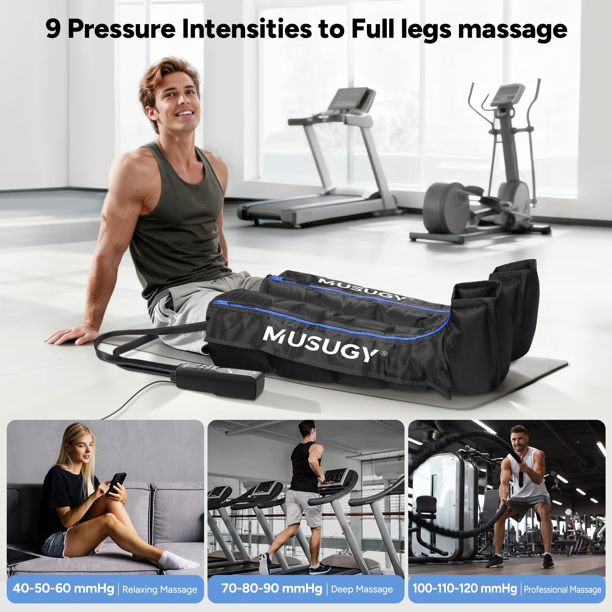 Sequential Leg Compression Massager for Circulation : Full Leg Air Compression Boots for Massage Therapy & Fatigue Relief - 9 Intensity, 6 Modes, 3 Timers for Athletes, Runners, Gym (Large)