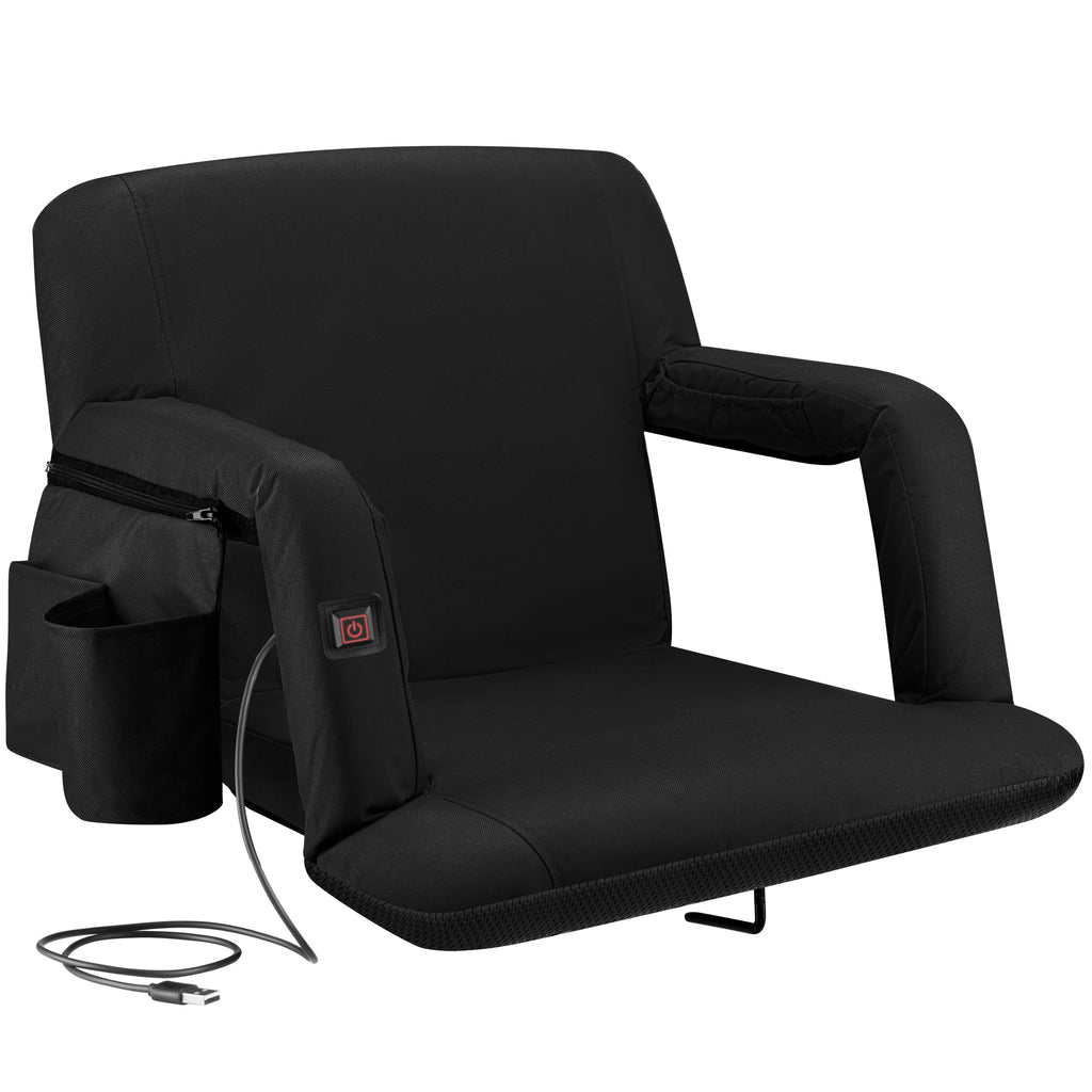 Alpcour Heating Massage Stadium Seat – Deluxe Reclining Bleacher Chair with Back & Arm Support – Built-in Heater and Massager - Extra Thick, Lightweight and Waterproof with Detachable Pockets
