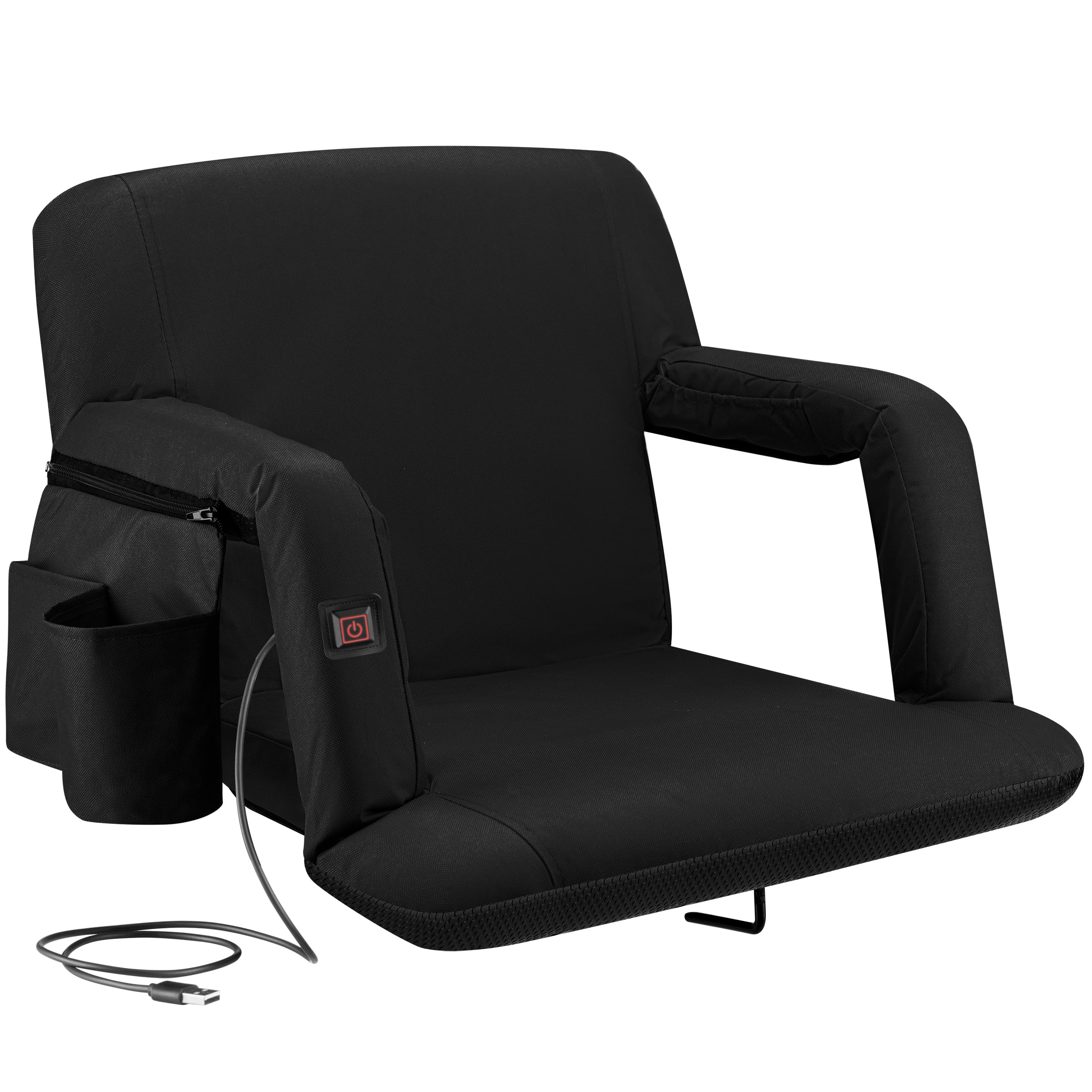 Alpcour Heating Massage Stadium Seat – Deluxe Reclining Bleacher Chair with Back & Arm Support – Built-in Heater and Massager - Extra Thick, Lightweight and Waterproof with Detachable Pockets