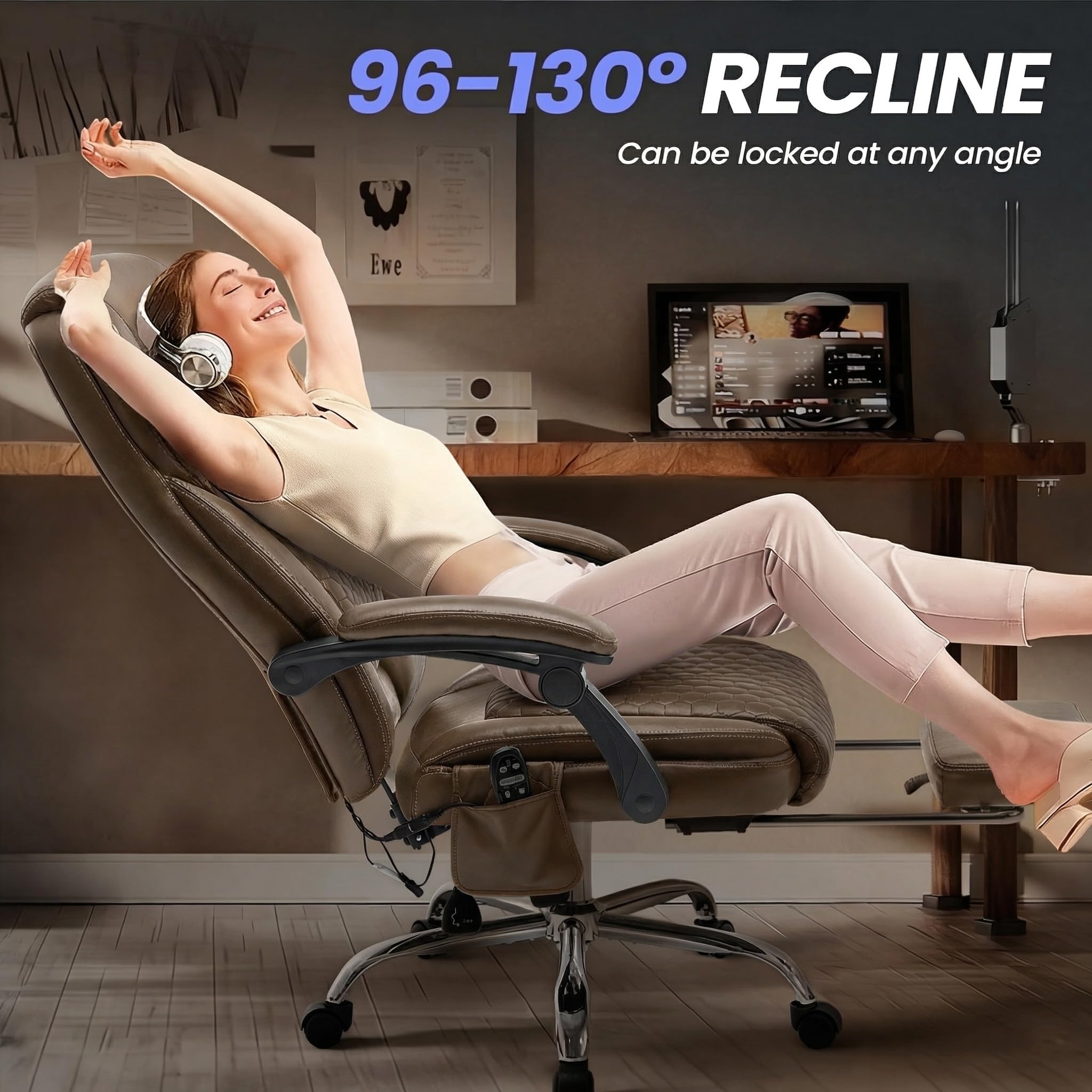 MALOL Massage Office Chair with Heat and Footrest - 3-Level 65°C Targeted Heating, 20-Min Easy Assembly Leather Desk Chair, Big and Tall Executive Computer Chair with Side Pocket, 300 lbs, Beige