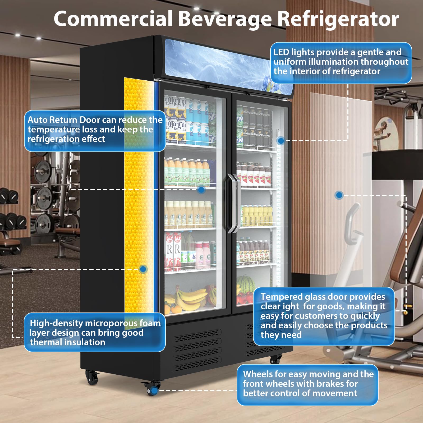 IDEALHOUSE Commercial Refrigerator, Commercial Merchandiser 26.8 Cu Ft Refrigerator, Refrigerator with 2 Glass Door and LED Light, Large Business Cooler for Home Restaurant Grocery Stores