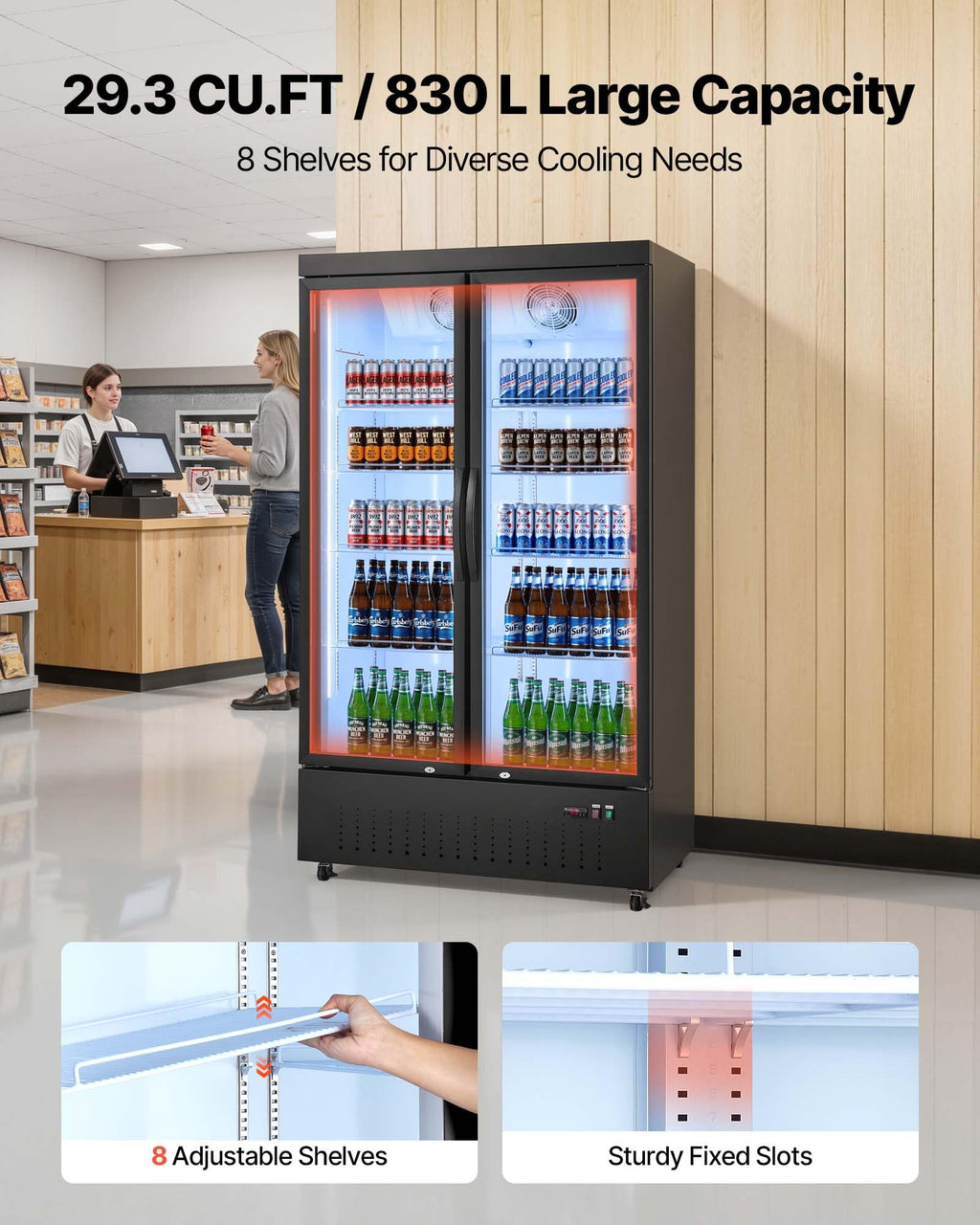 VEVOR Commercial Merchandiser Refrigerator, 6.9 Cu.Ft / 195L Glass Door Display Refrigerator, Upright Beverage Cooler Fridge with 4 Adjustable Shelves, Soft LED Light & Casters for Homes Shops Bars