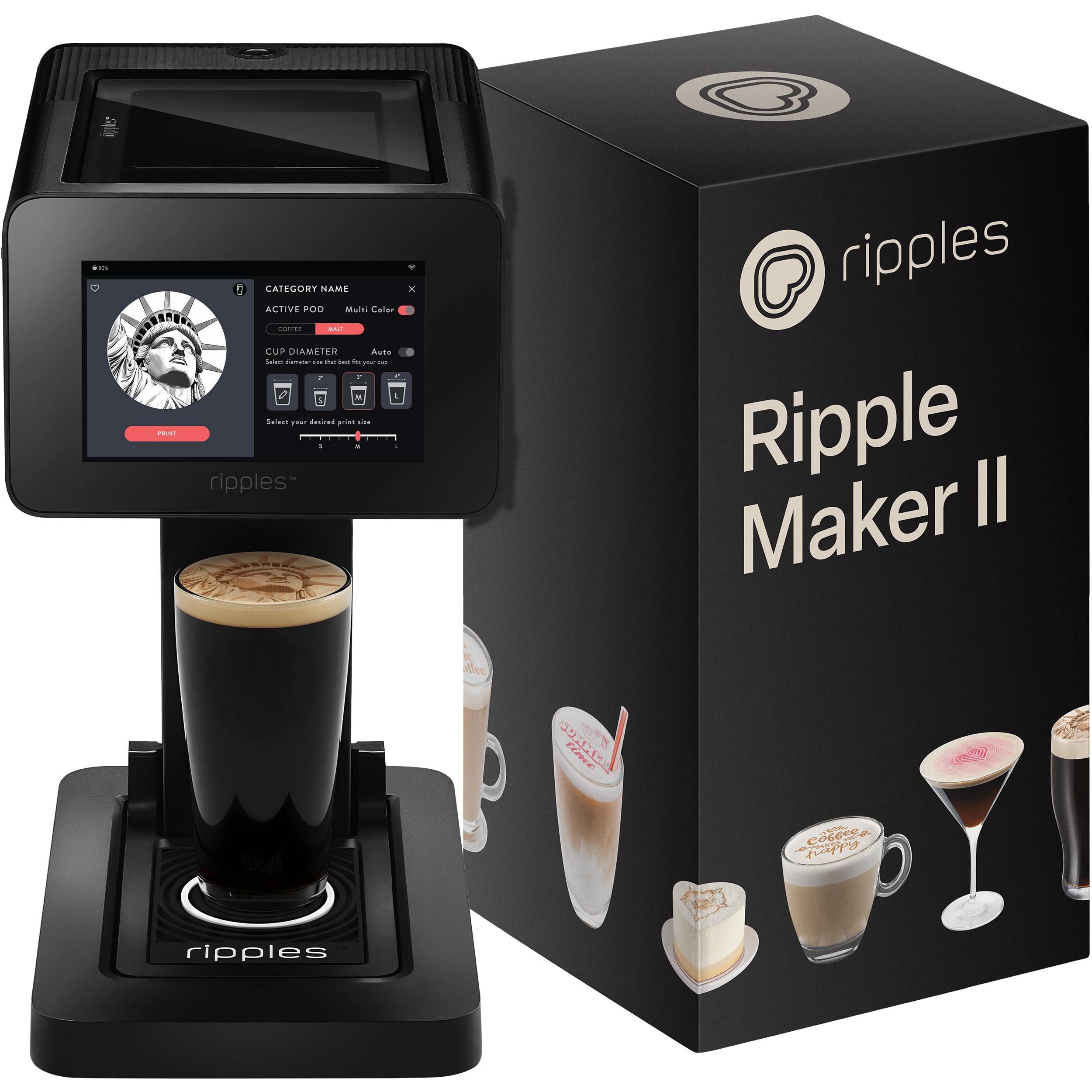 Ripples The Original Maker II, Print on Beverage Foam and Desserts, Plant-Based Ingredients Only, Selfie and Personalized Designs (Machine + Chameleon Pod)