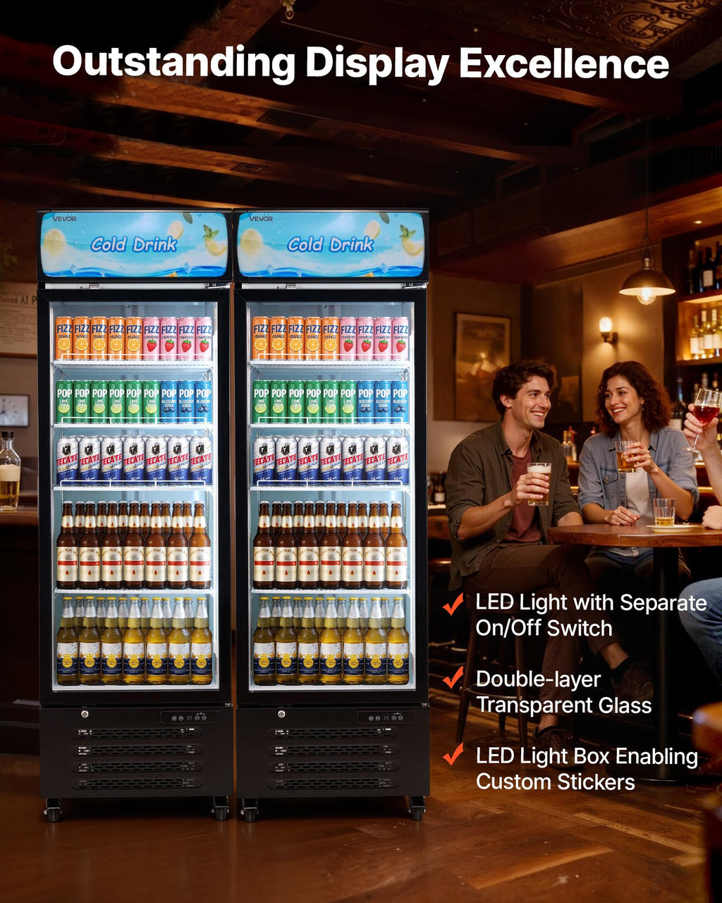 VEVOR Commercial Merchandiser Refrigerator, 6.9 Cu.Ft / 195L Glass Door Display Refrigerator, Upright Beverage Cooler Fridge with 4 Adjustable Shelves, Soft LED Light & Casters for Homes Shops Bars