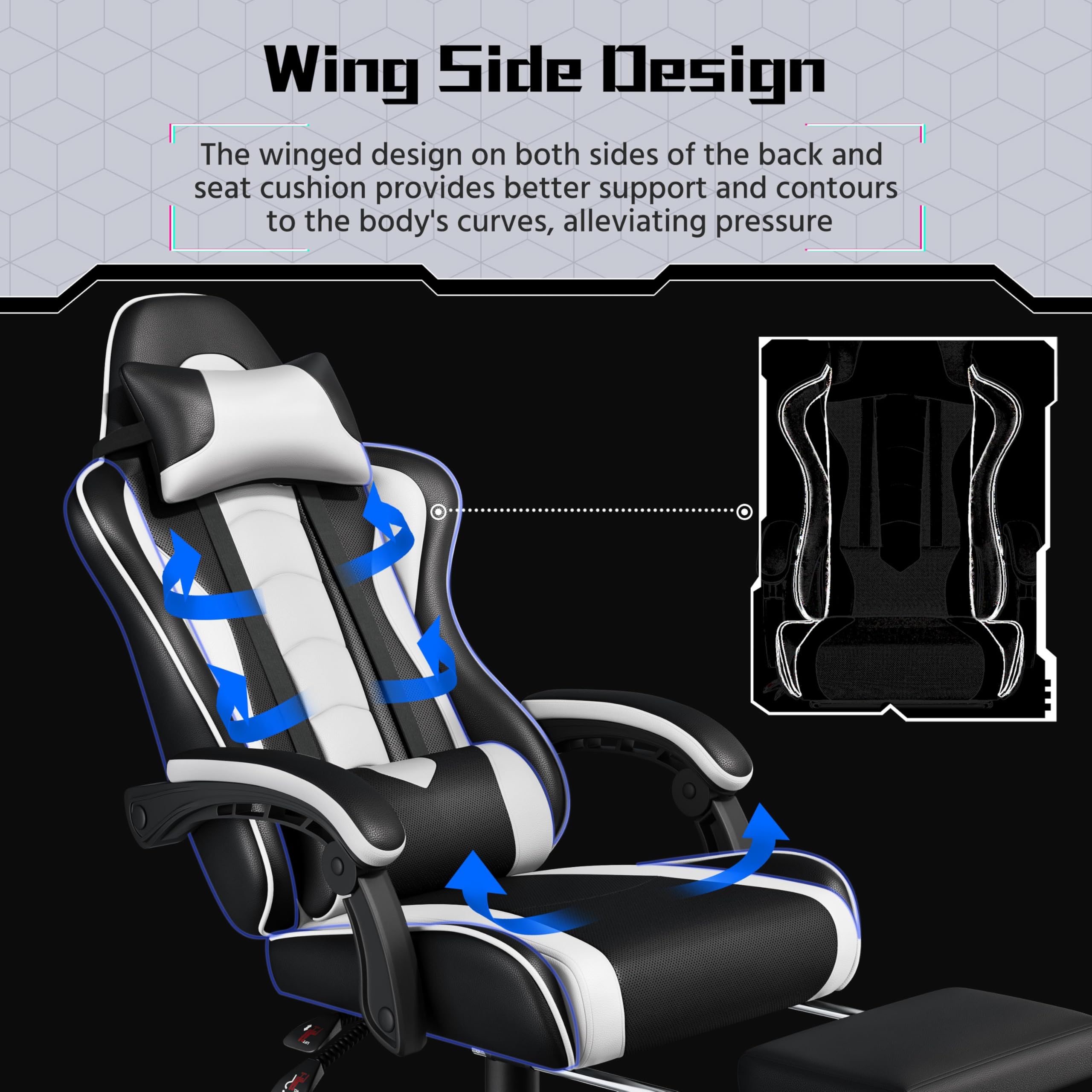 Yaheetech Gaming Chair with Electric Massage Lumbar Support, Footrest & Headrest — Ergonomic High Back Recliner for Home Office, Computer Desk Chair, Height Adjustable, 300 lbs, Black/White