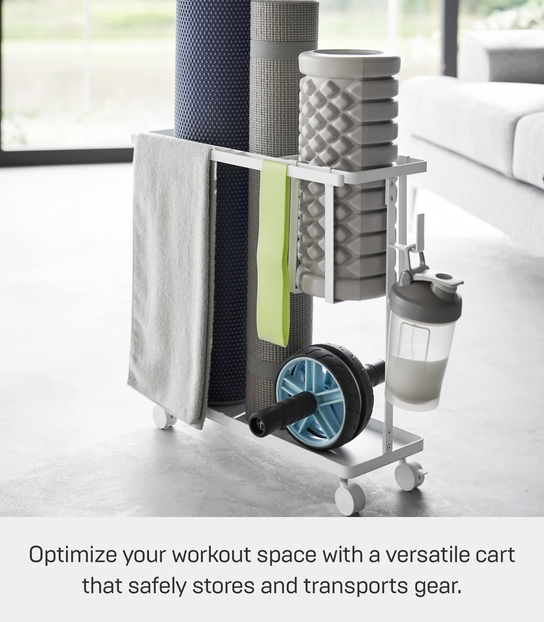YAMAZAKI Home Tower Rolling Slim Fitness Rack with Adjustable Holder, Casters, Hooks for Gear Organization - Steel