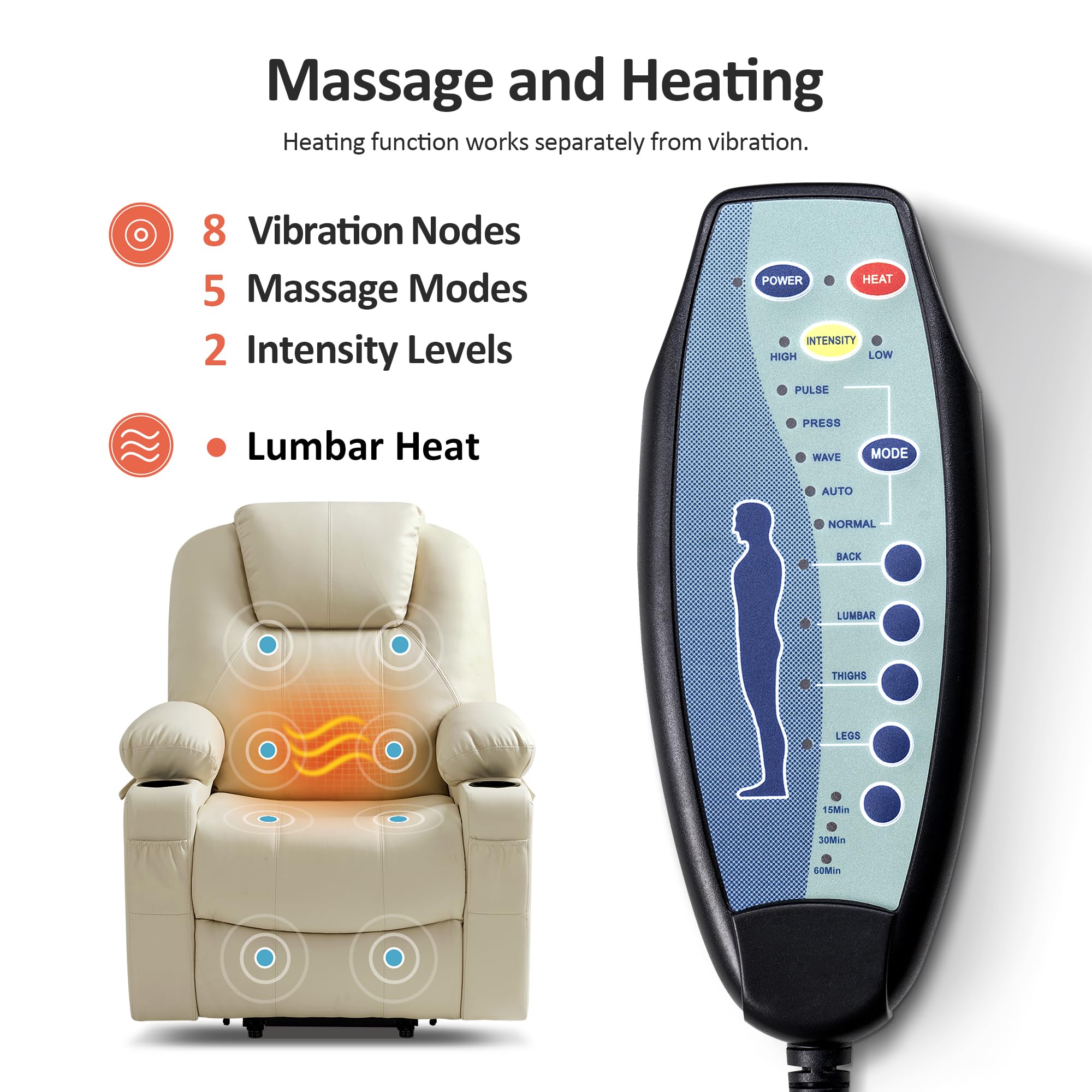 MCombo Electric Power Lift Recliner Chair Sofa with Massage and Heat for Elderly, 3 Positions, 2 Side Pockets, and Cup Holders, USB Ports, Faux Leather 7040 (Grey, Medium)