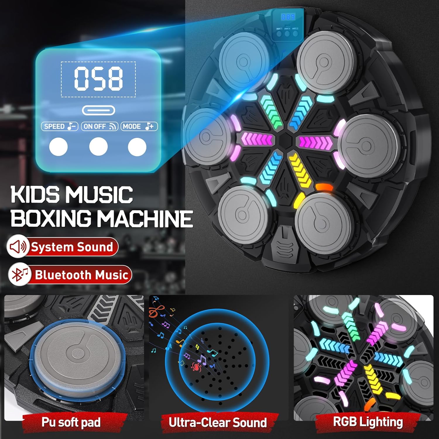 Music Boxing Machine for Adults and Kids, Smart Bluetooth Boxing Training Equipment with Gloves & Rhythm Games,Wall Mounted Boxing Mchine for Home,Office, Gym (Black)