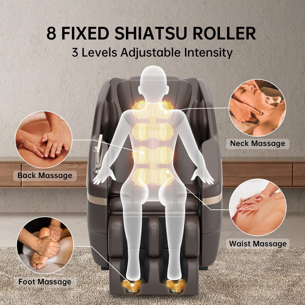 Real Relax 2025 Full Body Massage Chair, Zero Gravity Shiatsu Massage Chair Recliner, Foot Massage, Bluetooth, Large Control Screen (Brown and Gold)