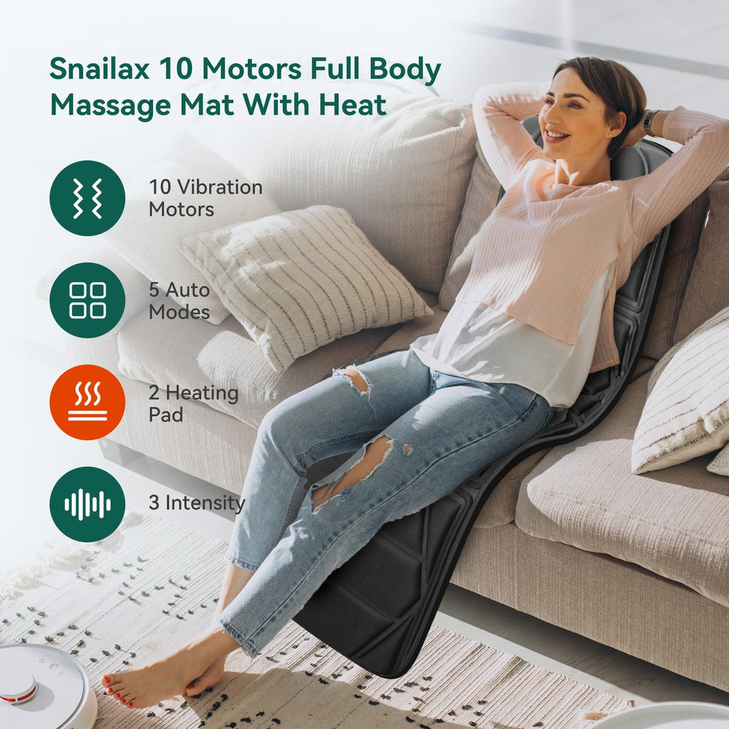 Snailax Full Body Massage Mat Pad for Bed, Massage Chair Pad with 10 Vibration Motors & 5 Massage Modes, Vibrating Heating Massager Mattress Pad for Back, Fathers Day Gift for Dad Men Women