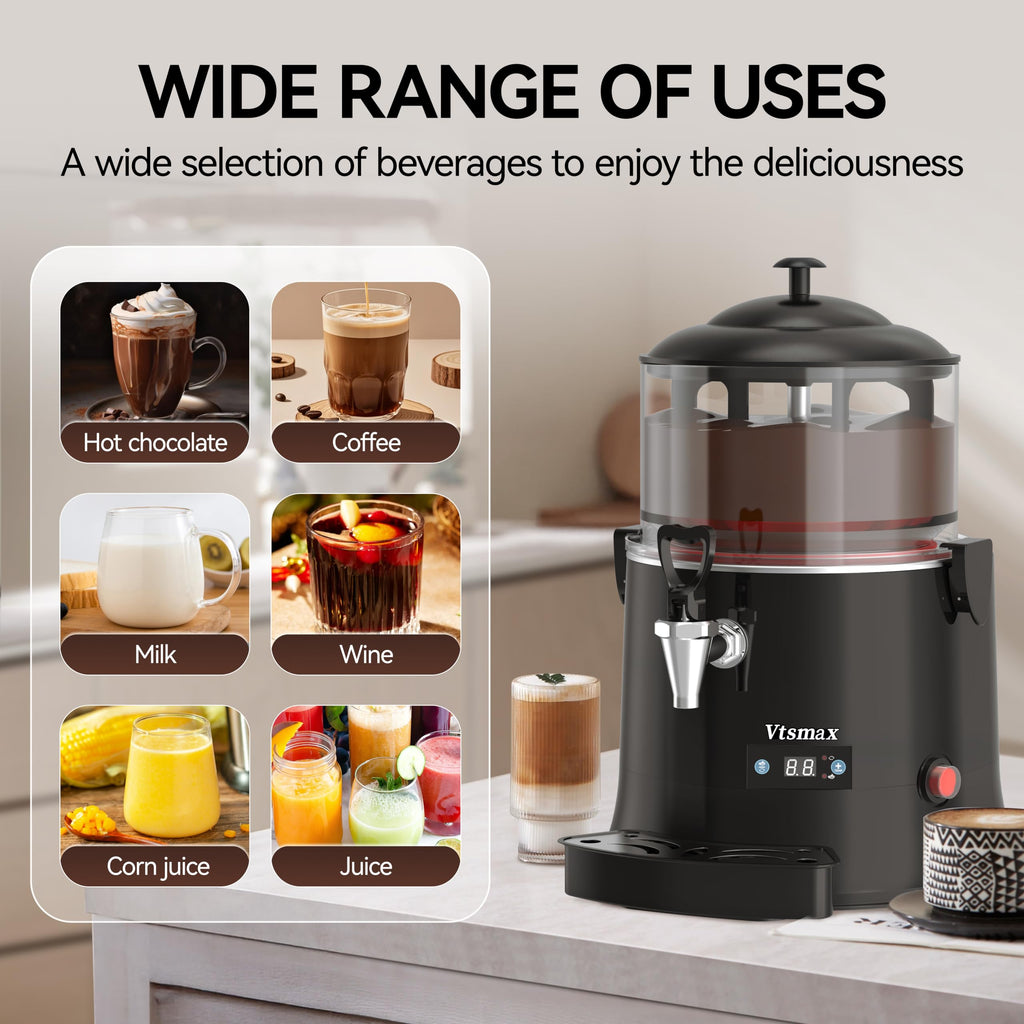 10L/2.6Gal Hot Chocolate Machine, Commercial Hot Drink Dispenser, 86–194°F Temperature Control Beverage Warmer with Stainless Steel Spout, Removable PC Bowl for Cocoa, Milk, Coffee, Red